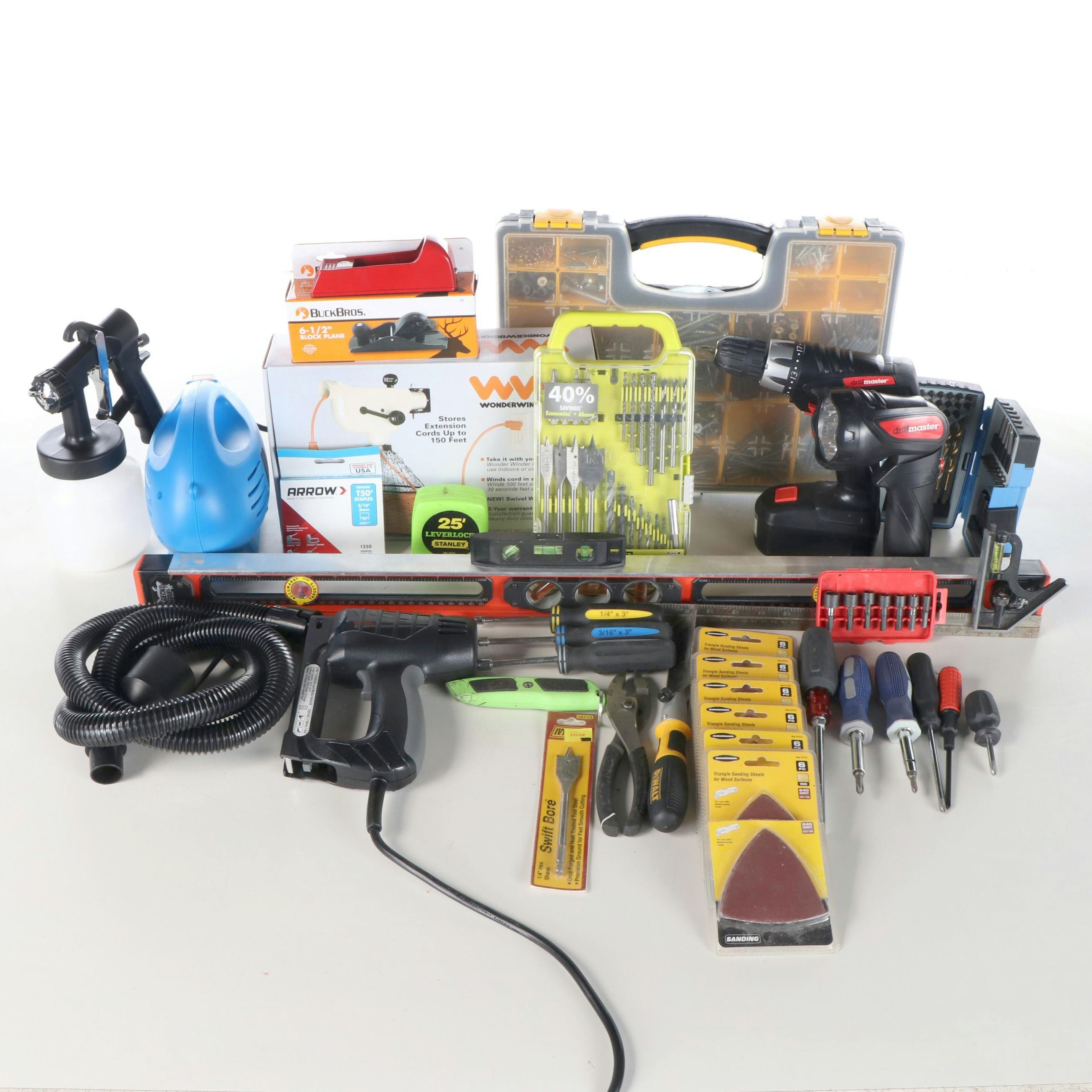 Drill Master Drills with Drill Bits, Level, Staple Gun and More Tools
