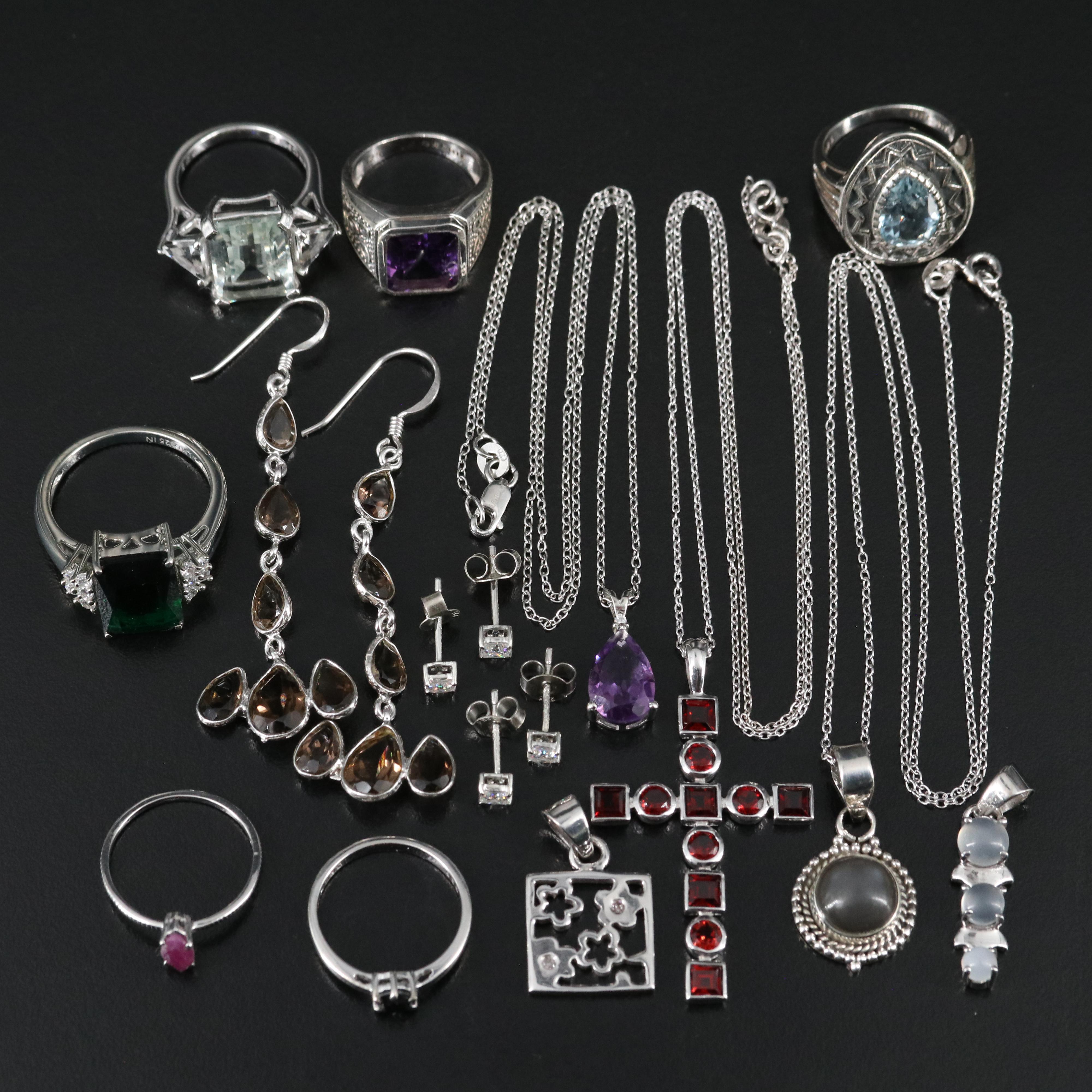 14 Assorted Sterling Silver Rings, Necklaces, Earrings, and Pendants