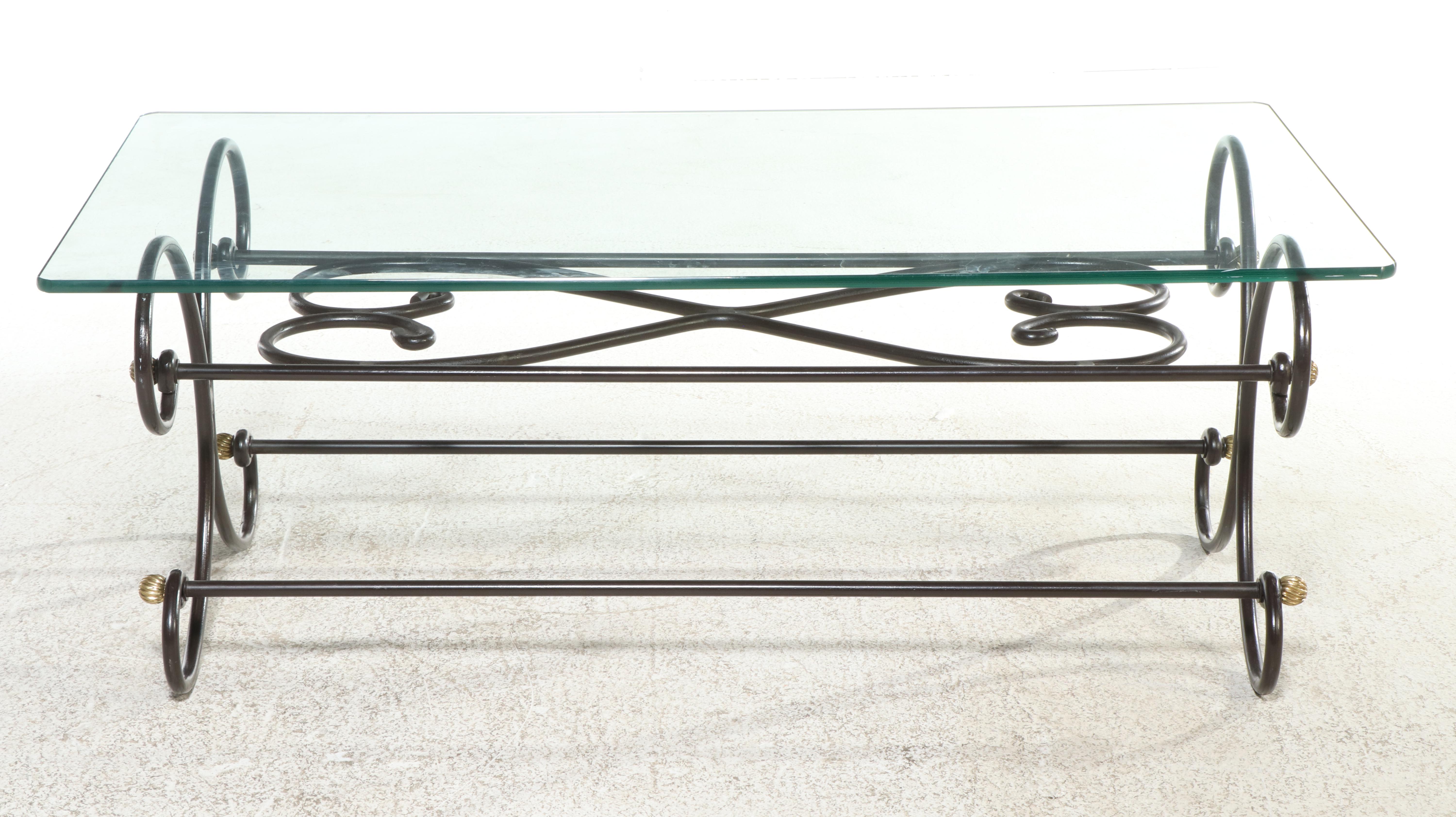 Spanish Colonial Style Brass-Mounted Iron and Glass Top Coffee Table