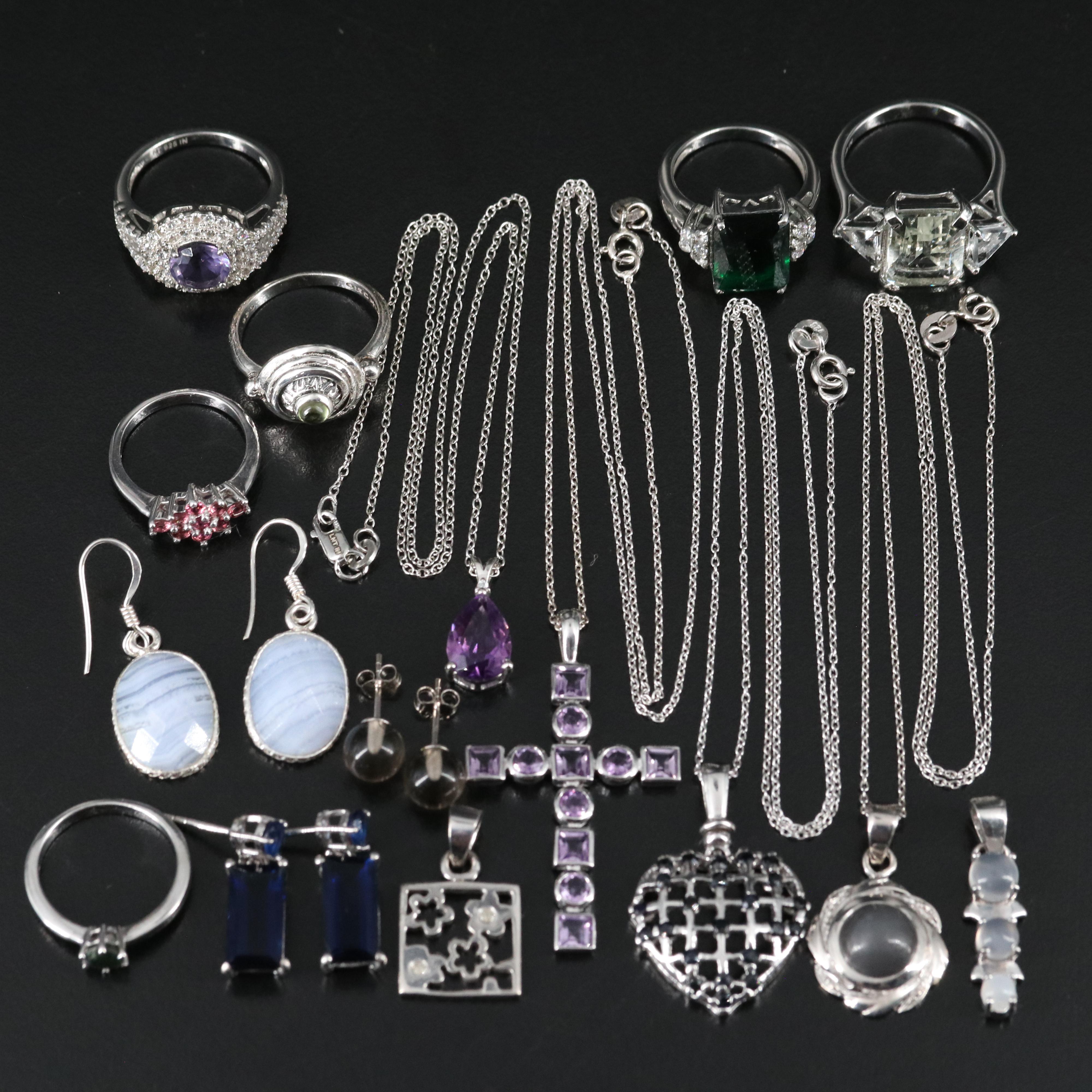 14 Assorted Sterling Silver Rings, Necklaces, Earrings, and Pendants