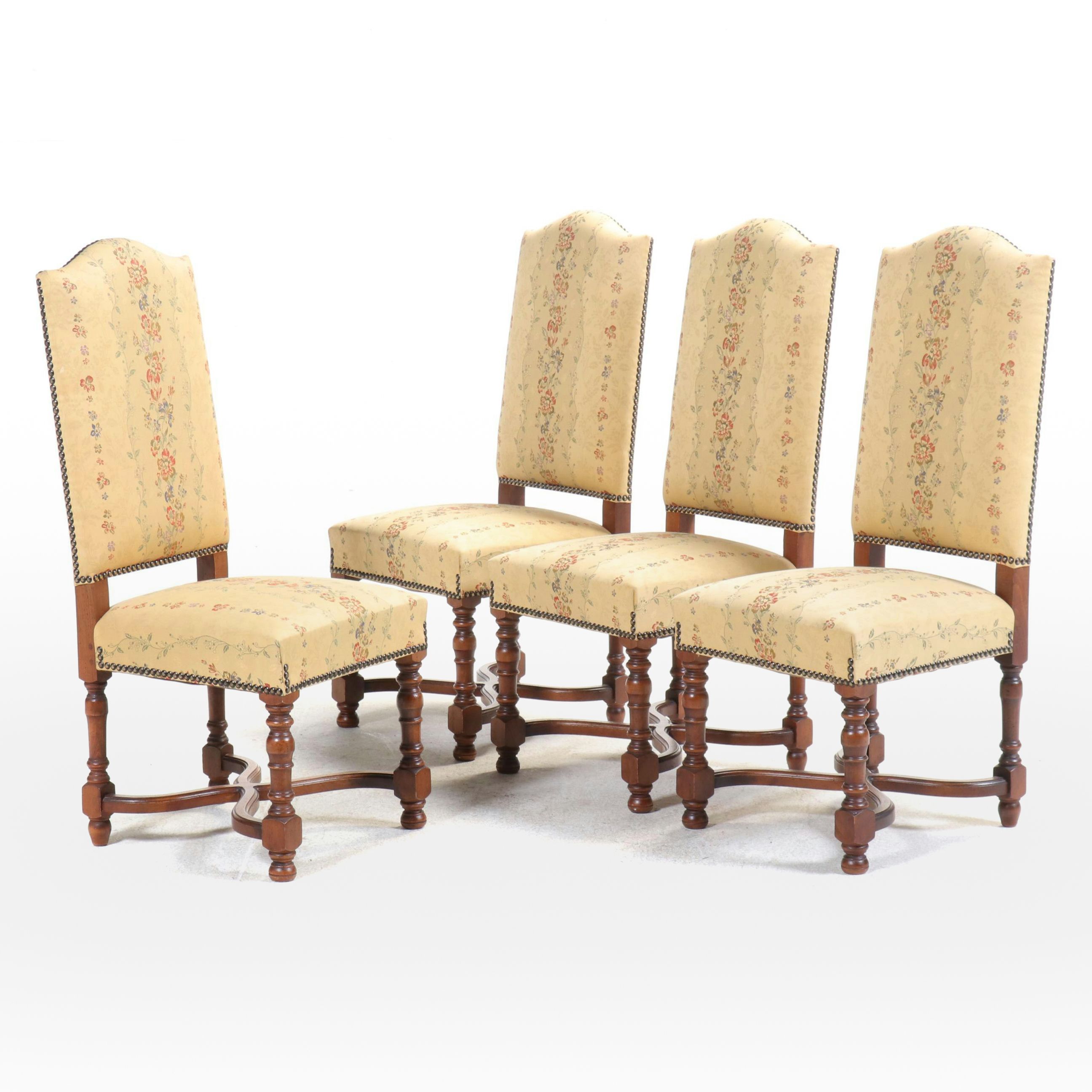 Four Louis XIII Style Beech and Custom-Upholstered Dining Side Chairs