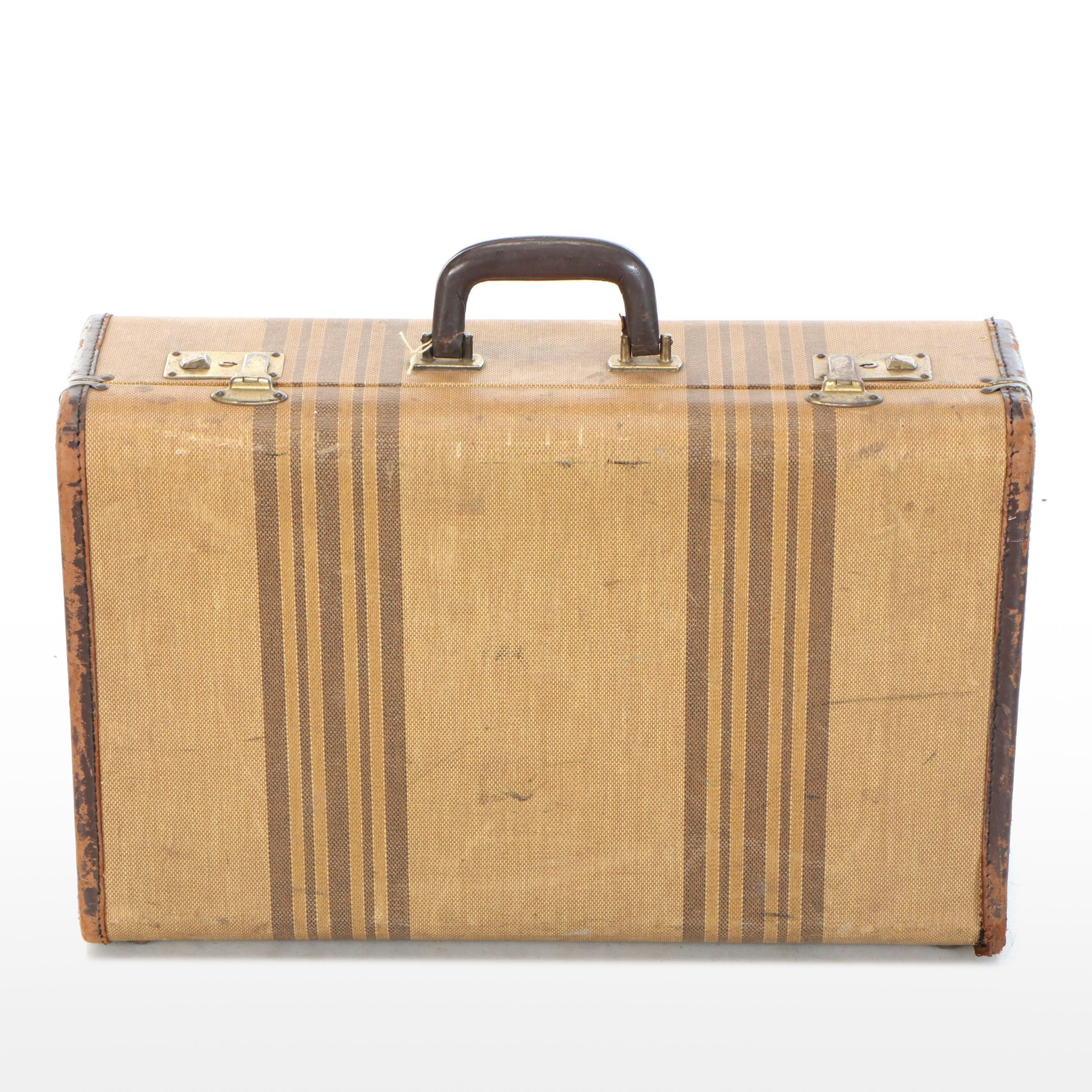 Art Deco Style Striped Canvas and Leather Suitcase, Early to Mid-20th Century