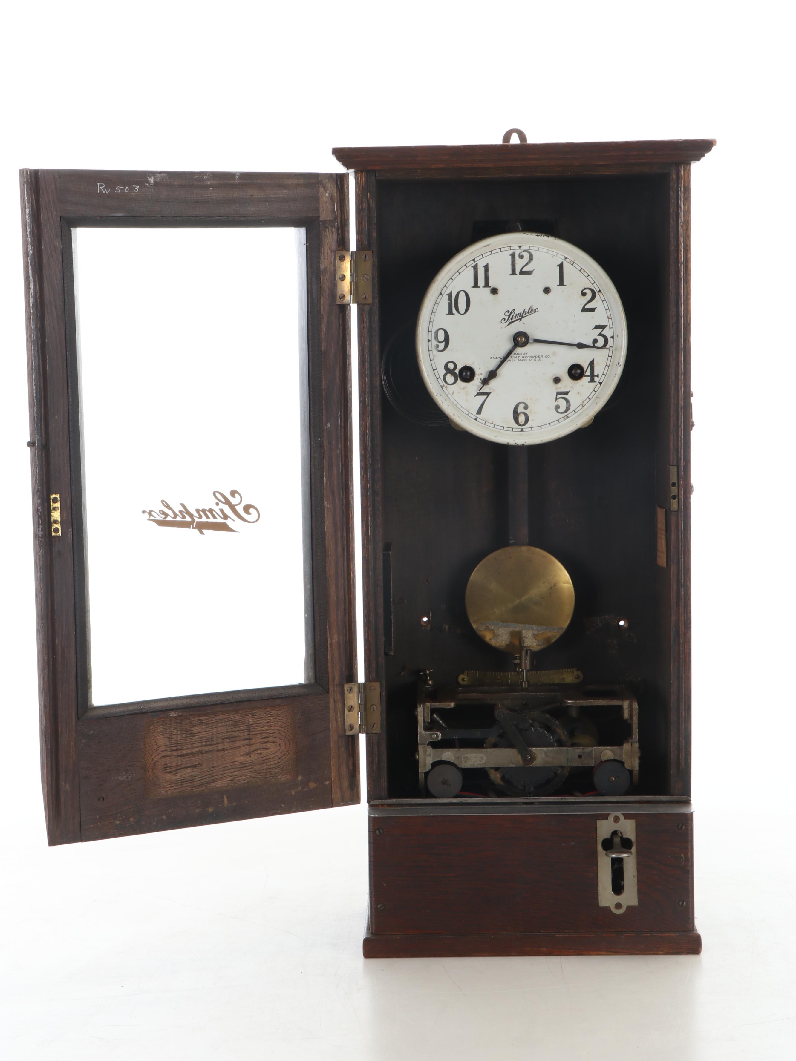 Simplex Wooden Hanging Time Recorder Wall Clock, Early 20th Century
