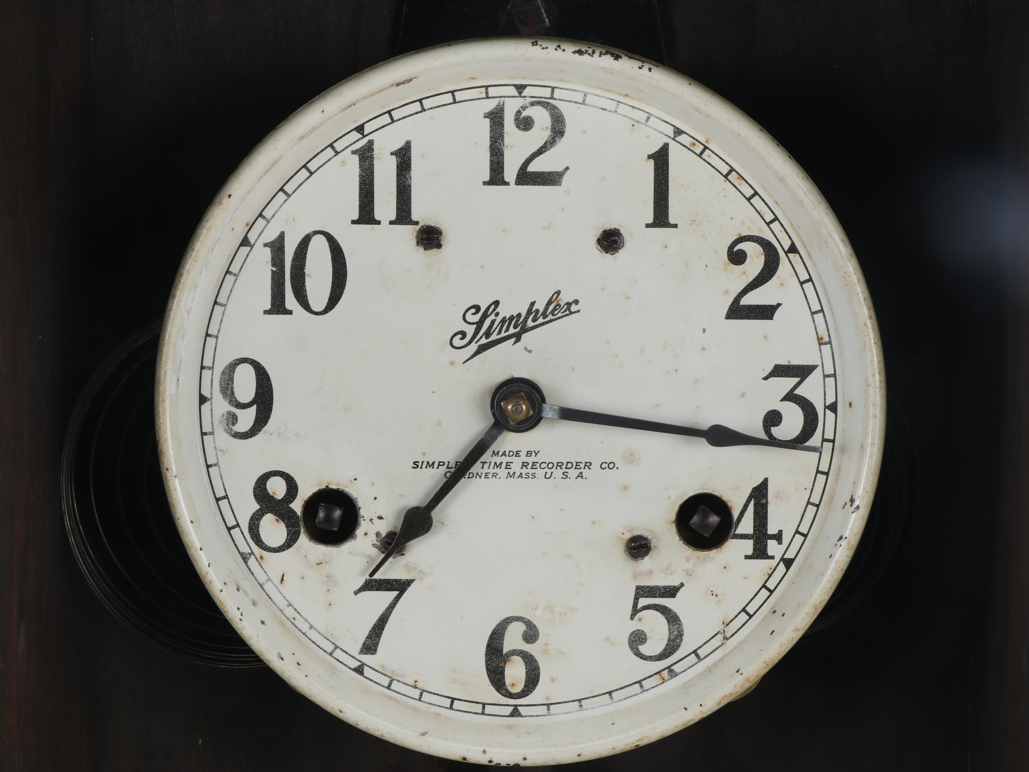 Simplex Wooden Hanging Time Recorder Wall Clock, Early 20th Century