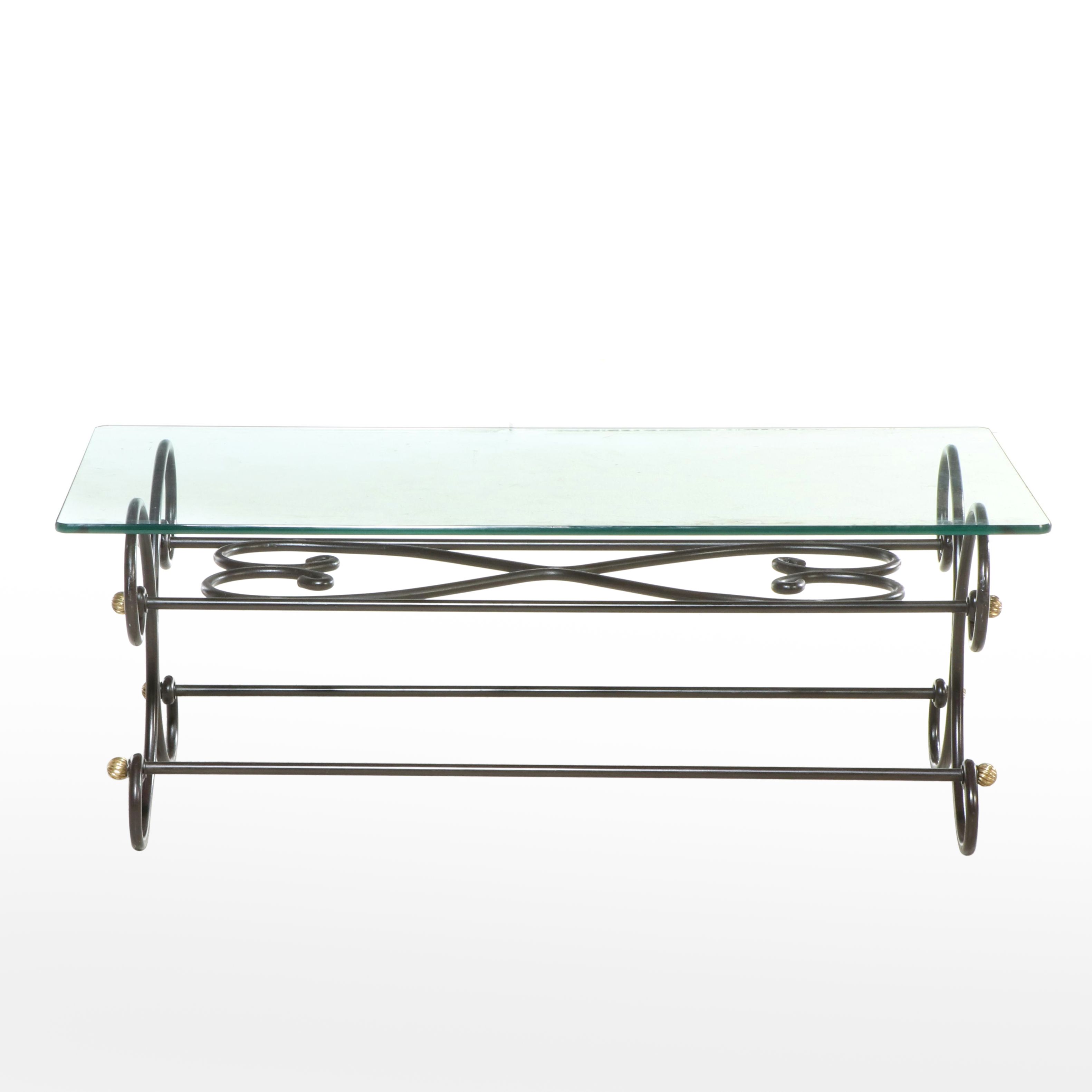 Spanish Colonial Style Brass-Mounted Iron and Glass Top Coffee Table