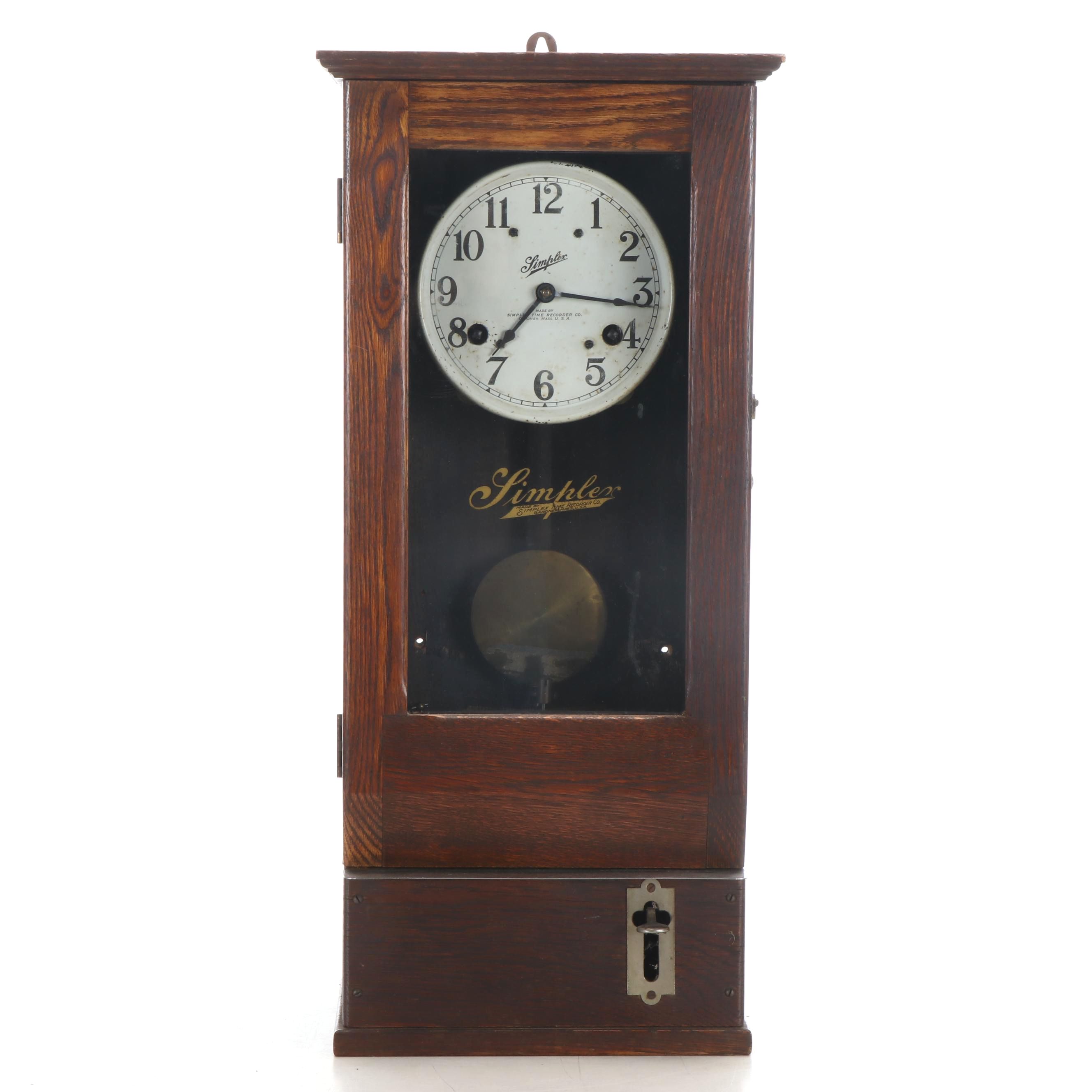 Simplex Wooden Hanging Time Recorder Wall Clock, Early 20th Century