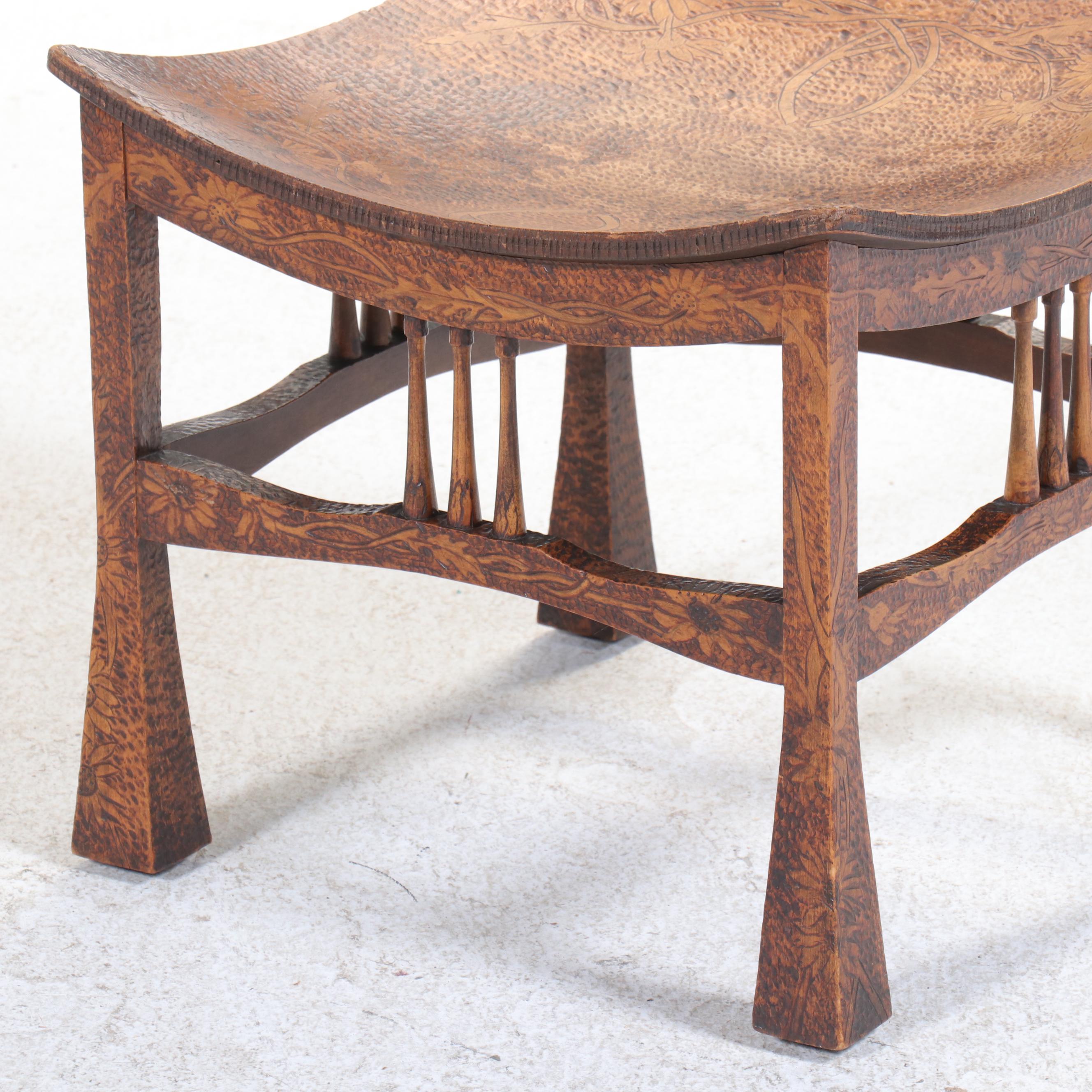 Arts and Crafts Pyrography-Decorated "Thebes" Stool, Early 20th Century