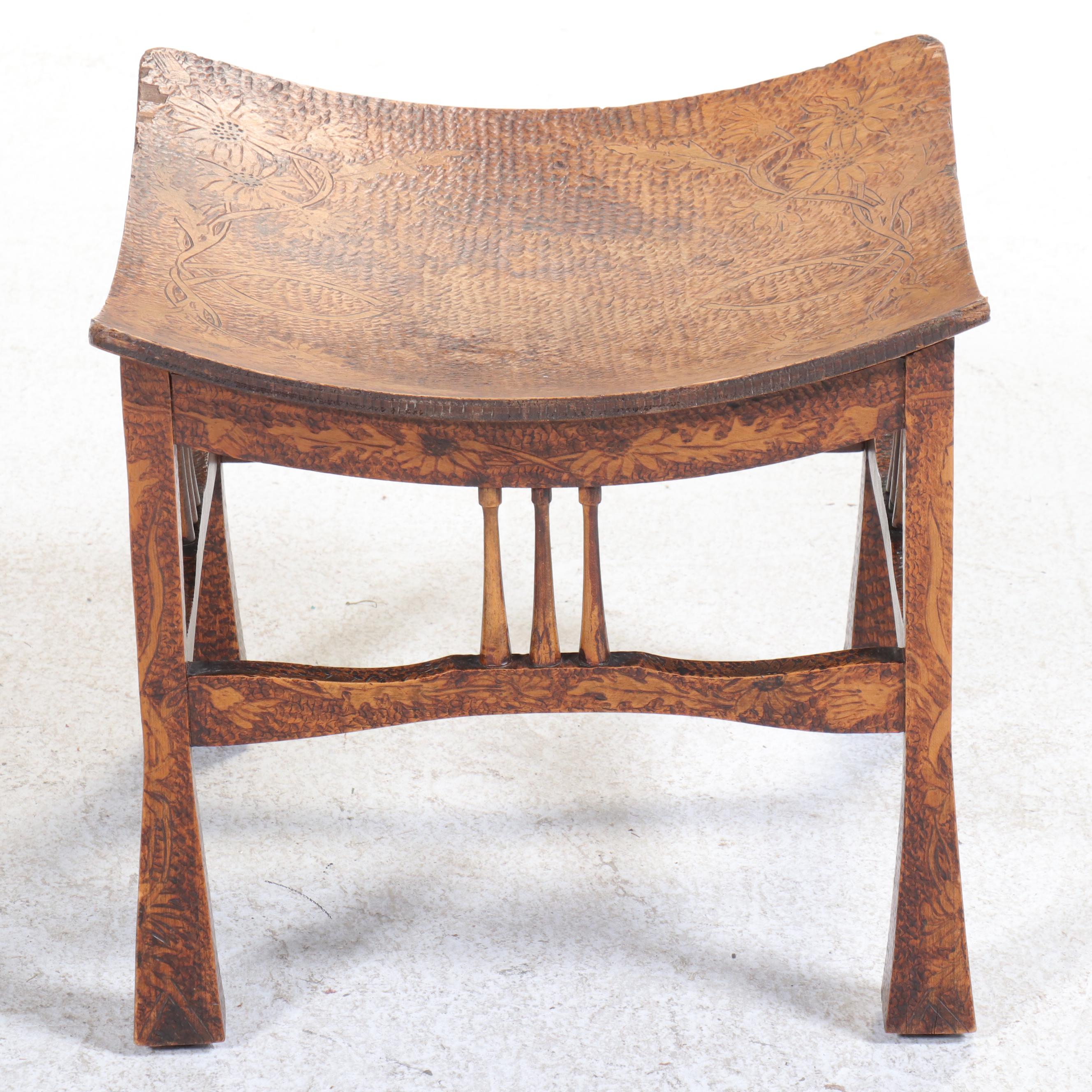 Arts and Crafts Pyrography-Decorated "Thebes" Stool, Early 20th Century