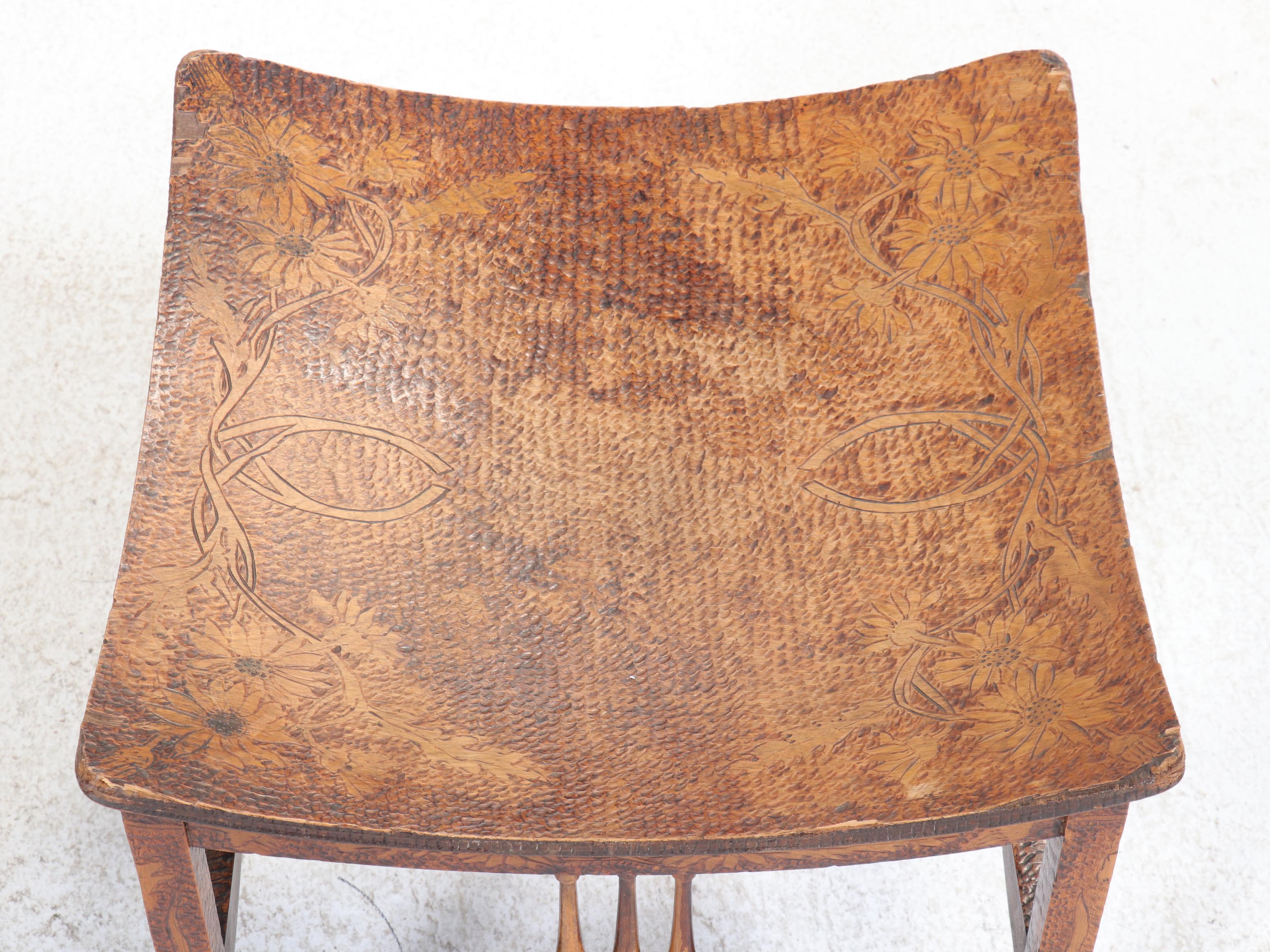 Arts and Crafts Pyrography-Decorated "Thebes" Stool, Early 20th Century