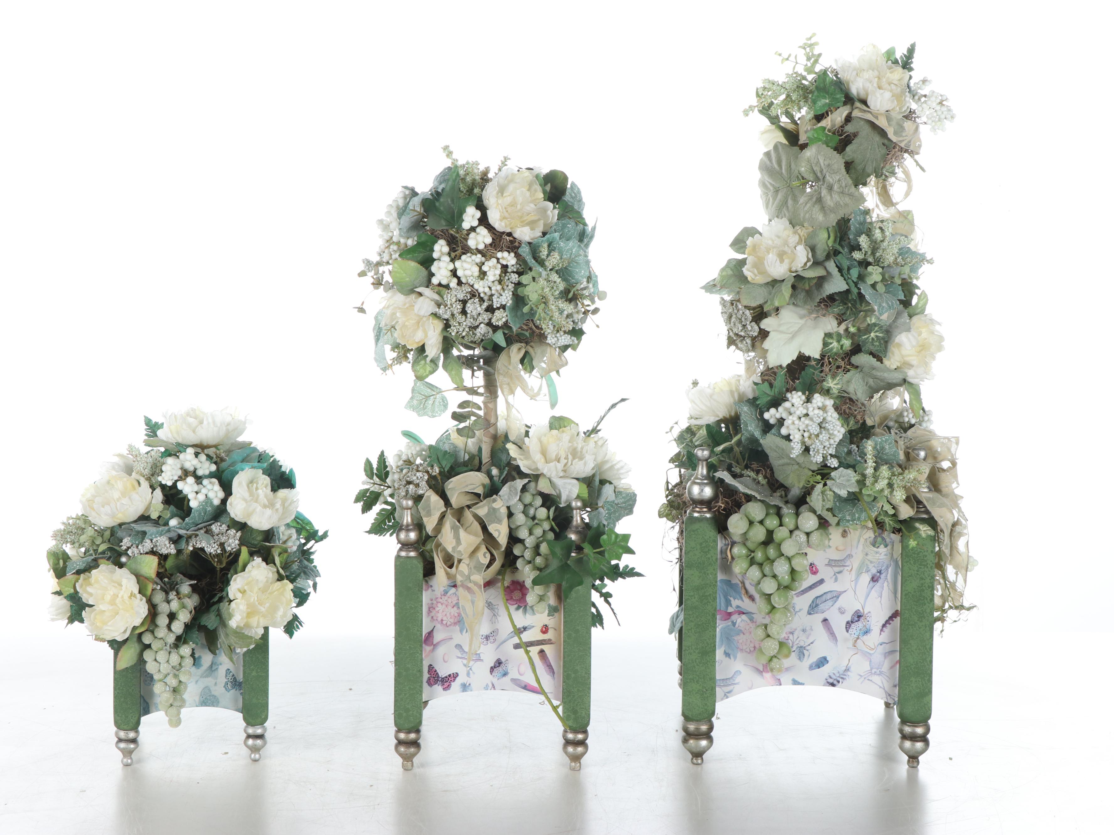 Wire Obelisk Tiered Plant Stand & Stair Step Topiaries With Faux Fruit & Flowers