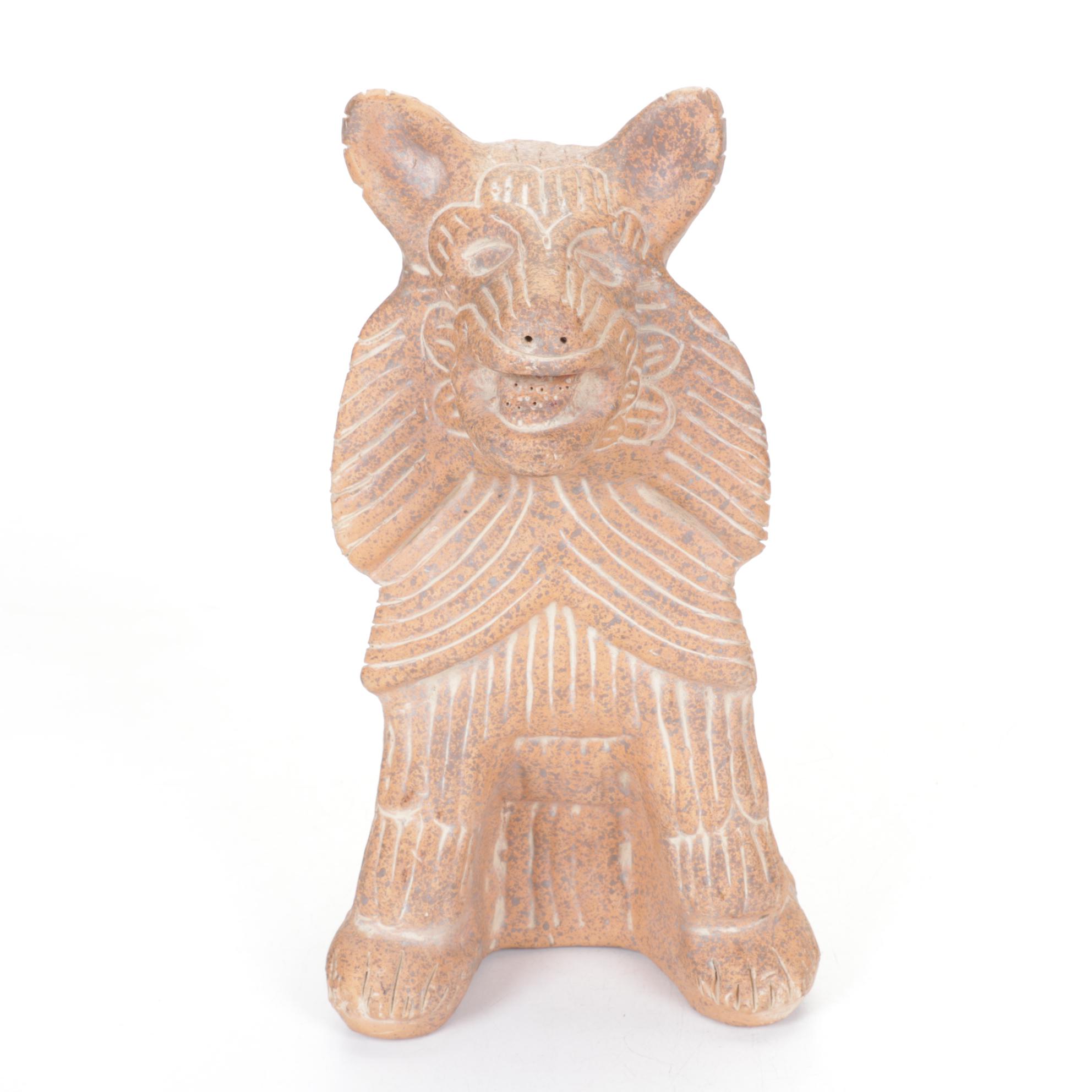 Mexican Aztec Style Hand Carved Terracotta Coyote Figure