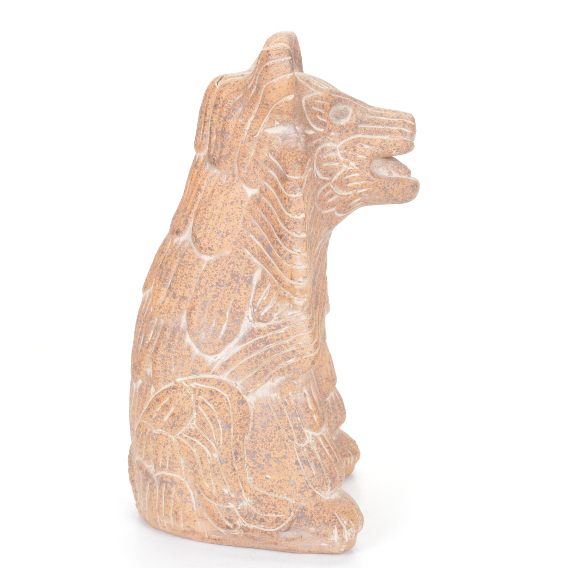 Mexican Aztec Style Hand Carved Terracotta Coyote Figure