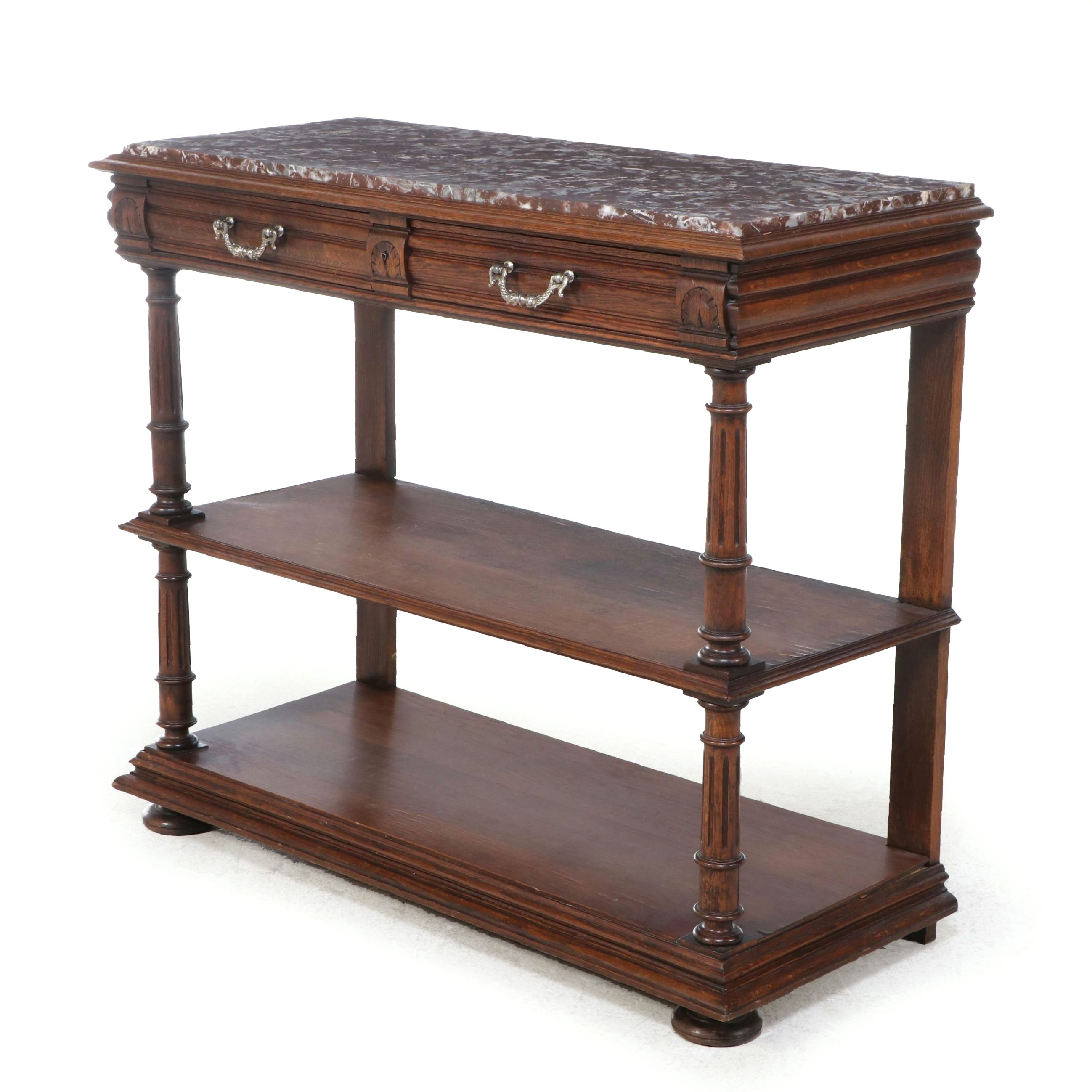 Henri II Style Carved Oak and Marble Top Server, Late 19th/Early 20th Century