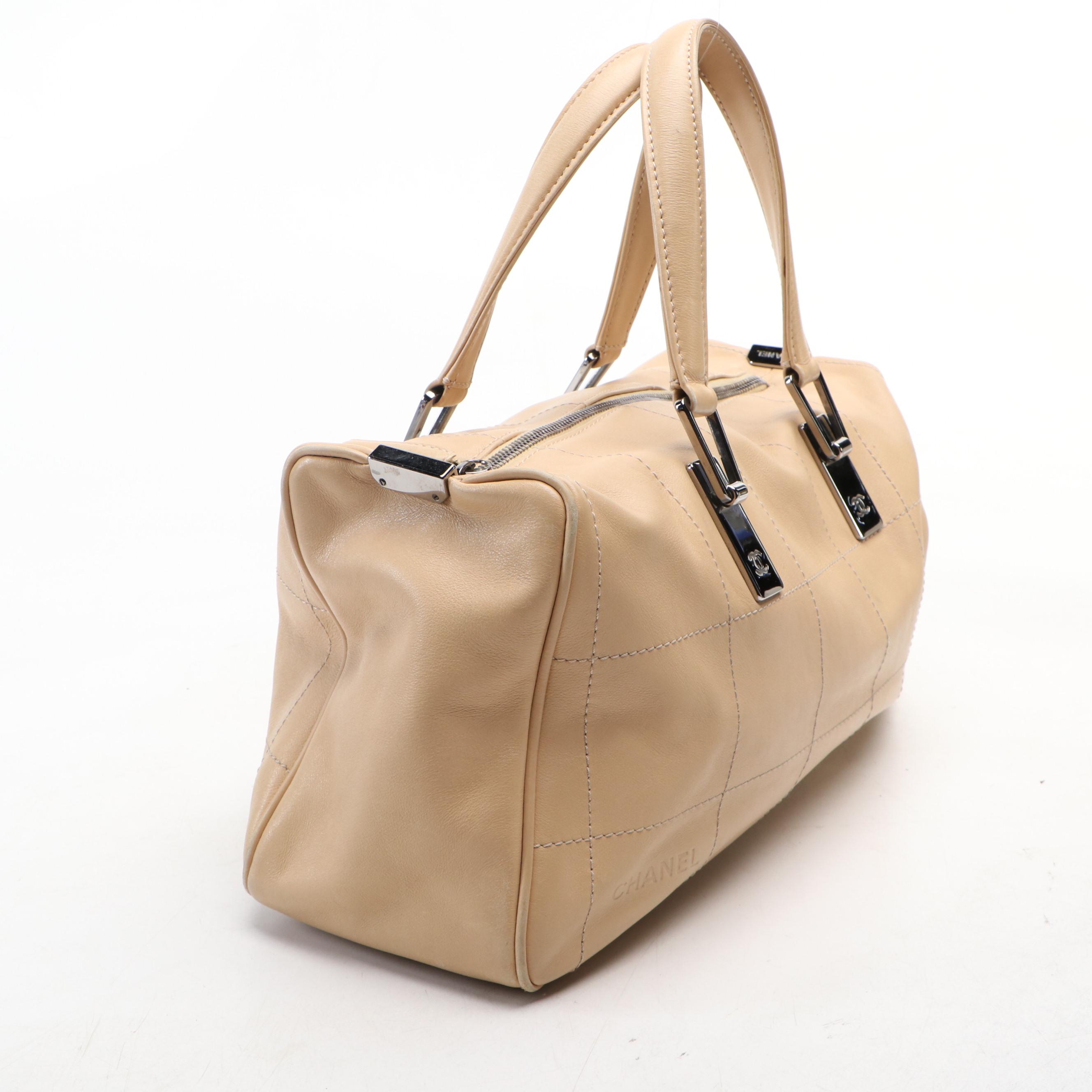Chanel Square-Stitched CC Boston Bag in Beige Leather