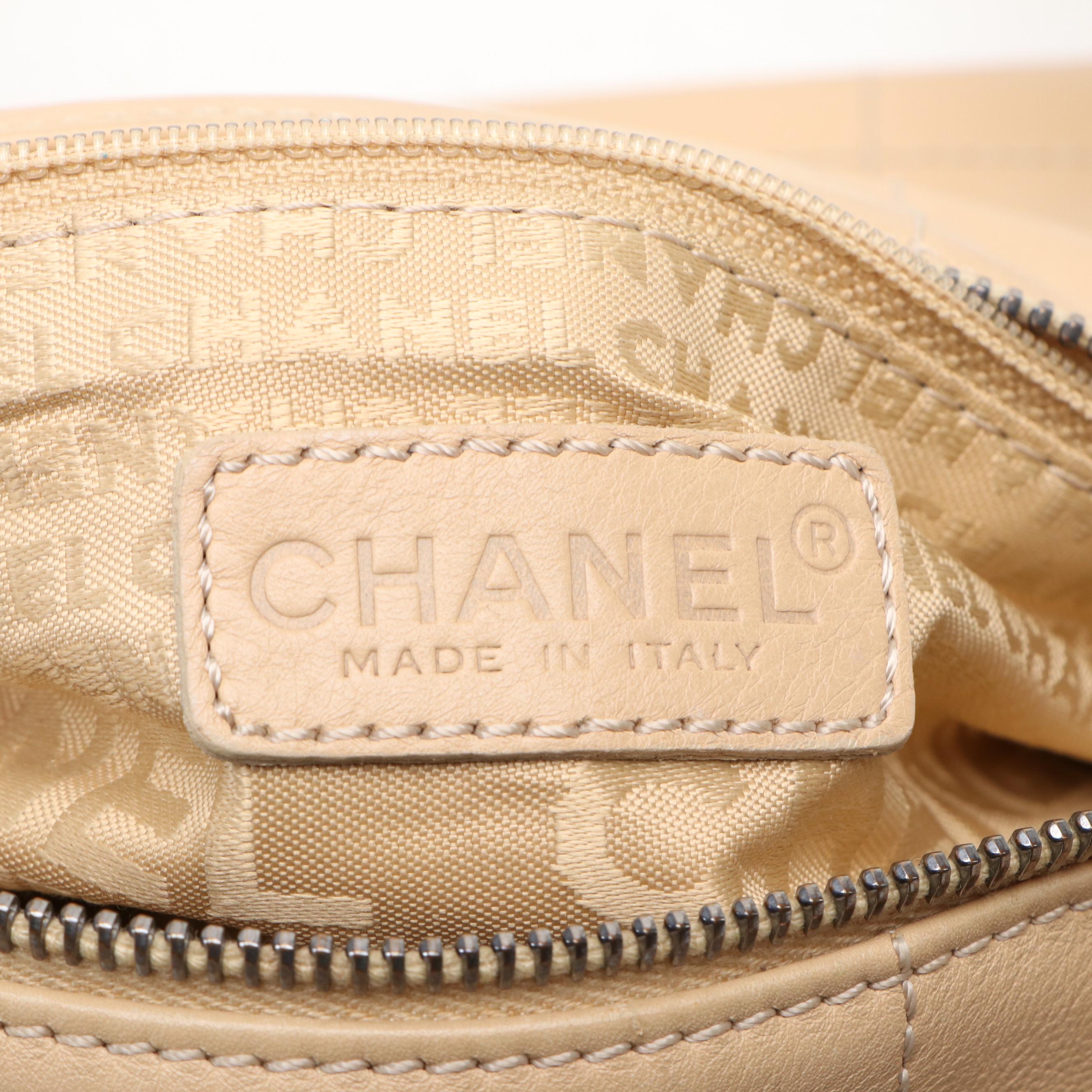 Chanel Square-Stitched CC Boston Bag in Beige Leather