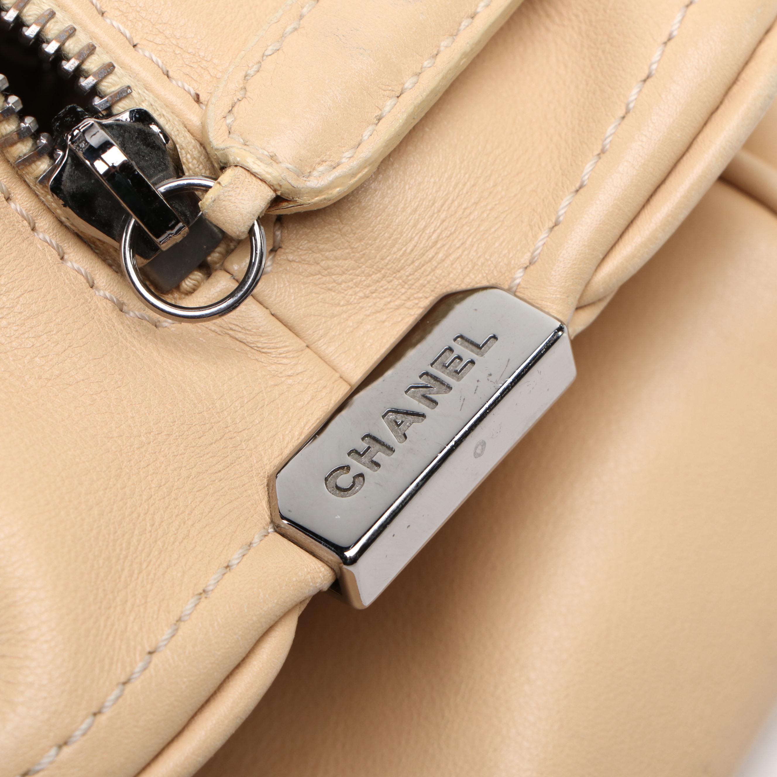 Chanel Square-Stitched CC Boston Bag in Beige Leather