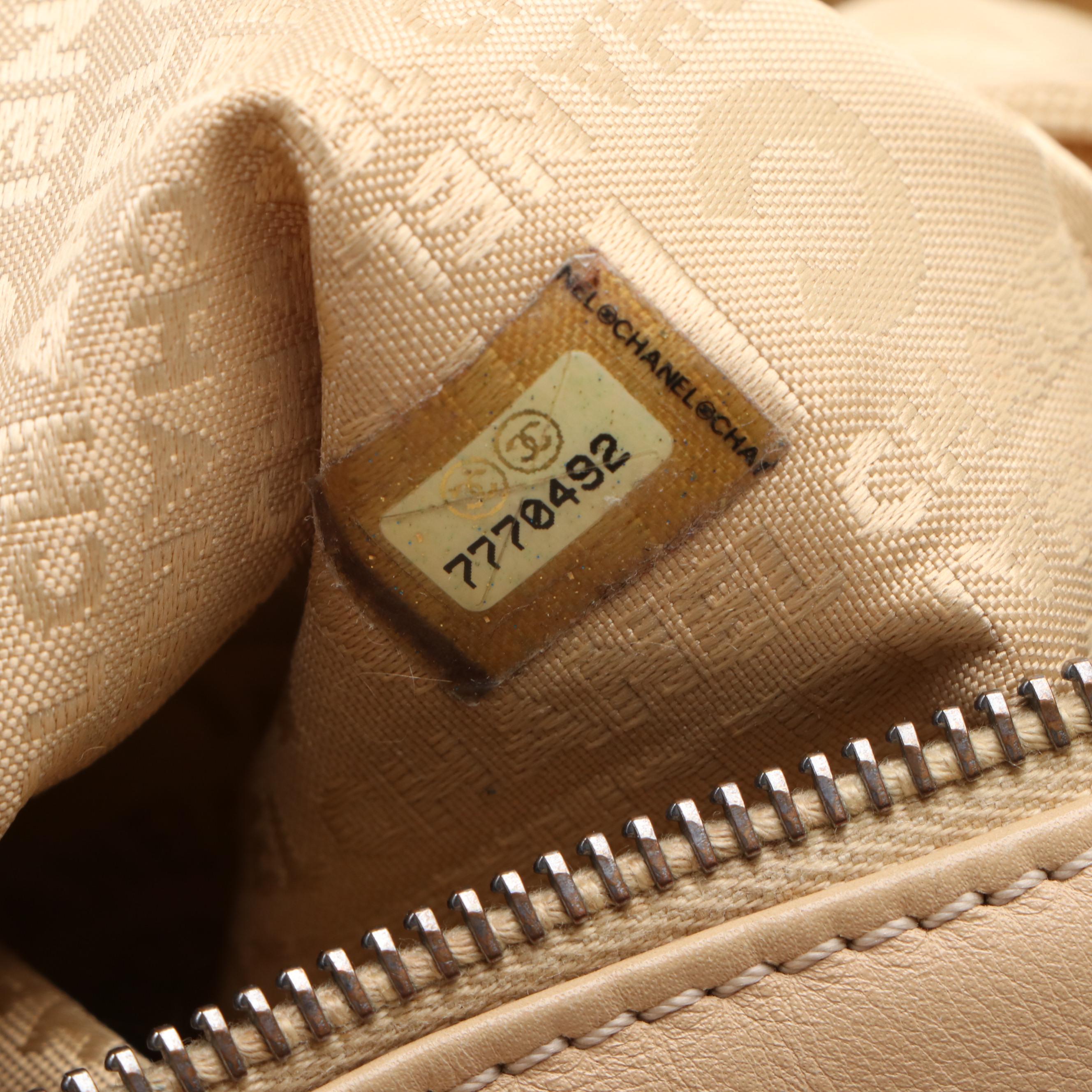 Chanel Square-Stitched CC Boston Bag in Beige Leather
