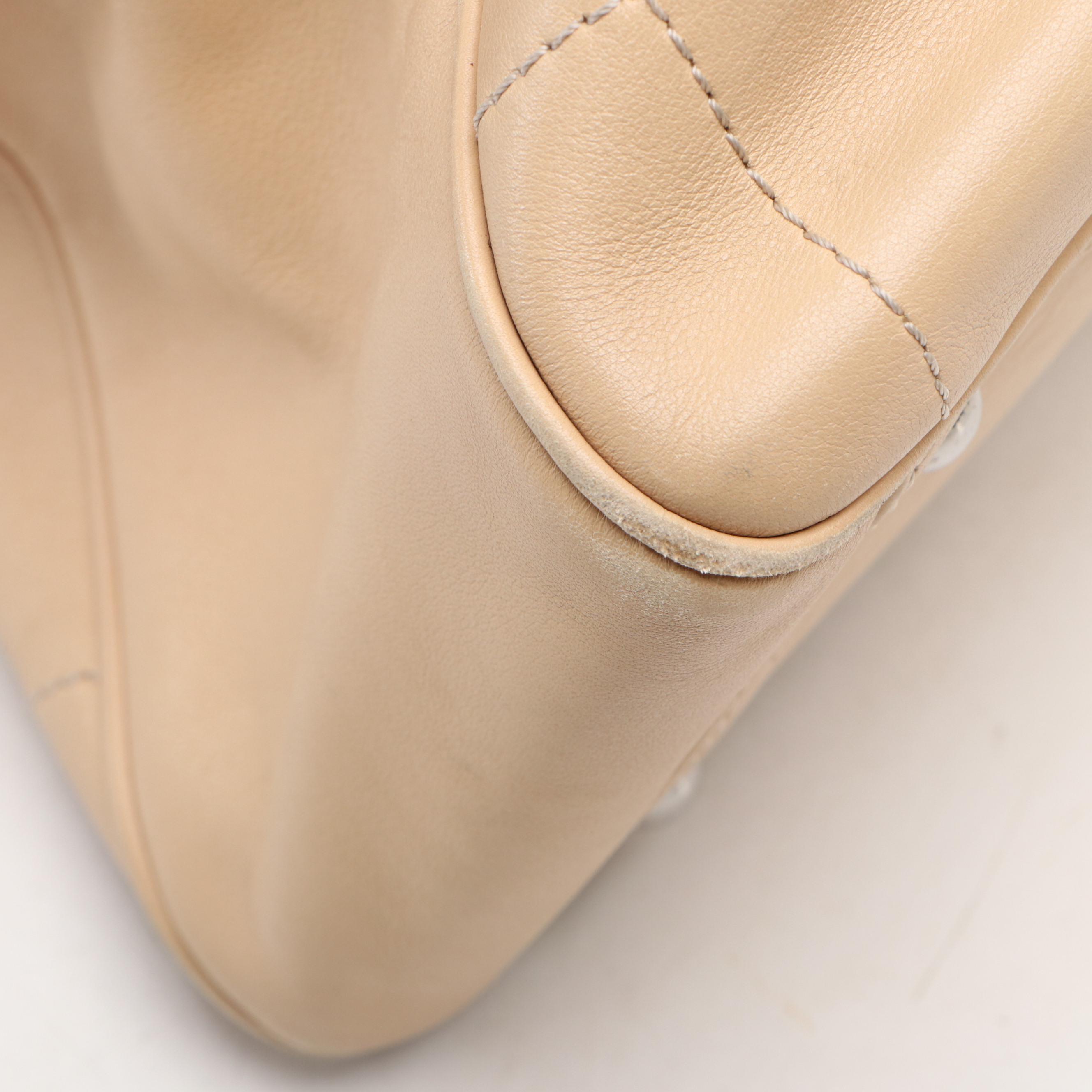 Chanel Square-Stitched CC Boston Bag in Beige Leather