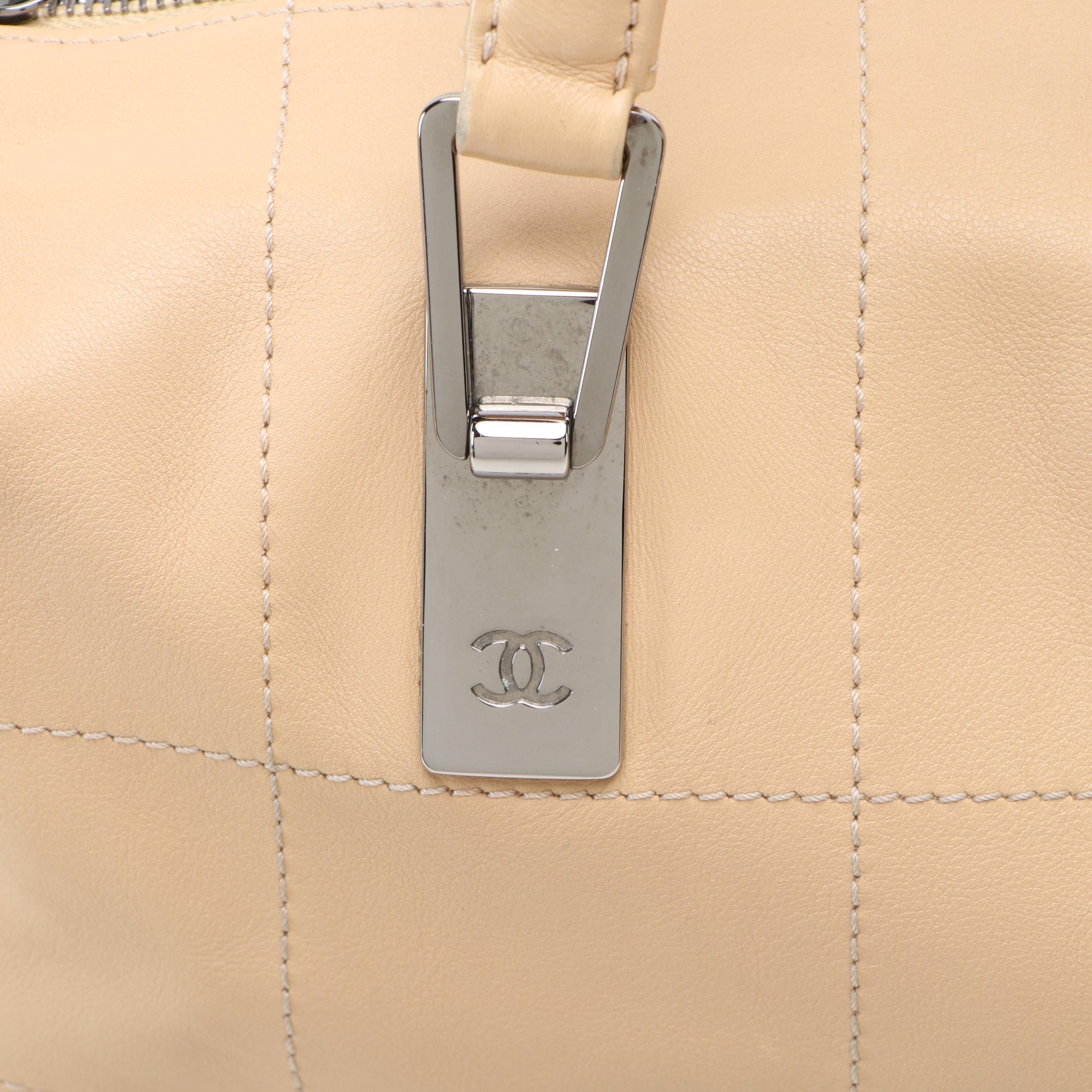 Chanel Square-Stitched CC Boston Bag in Beige Leather