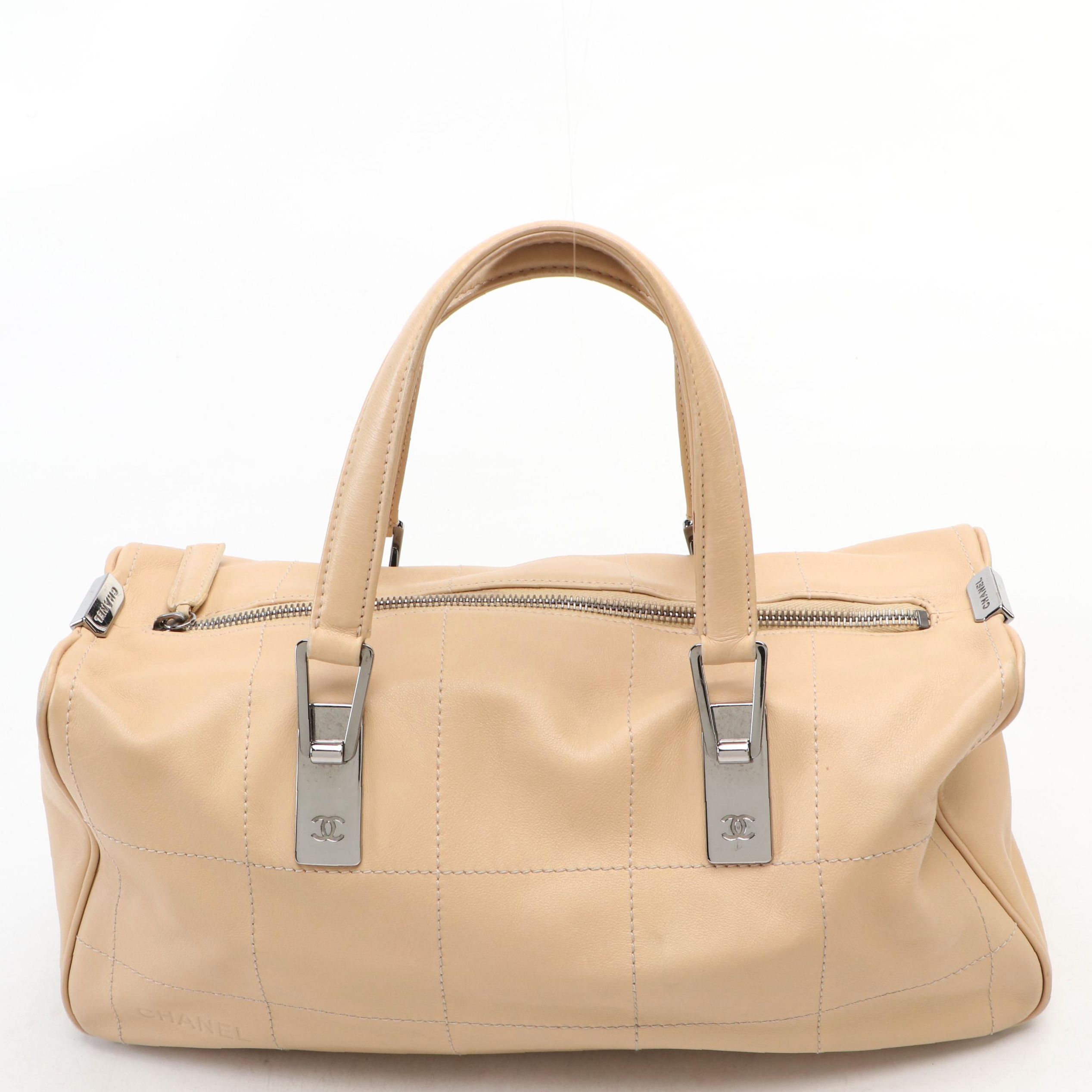 Chanel Square-Stitched CC Boston Bag in Beige Leather