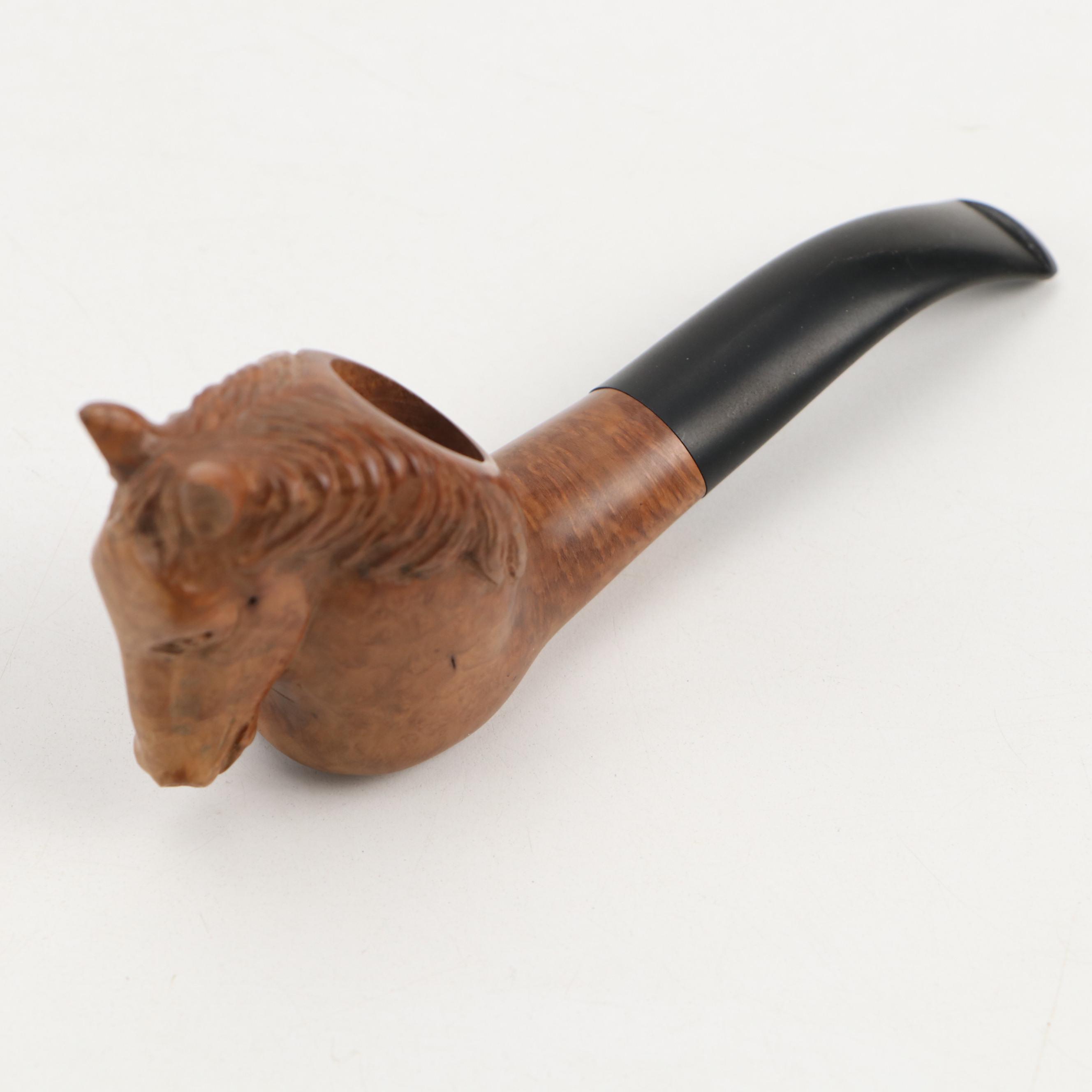 Carved Briar and Burlwood Smoking Pipes Including Figureheads