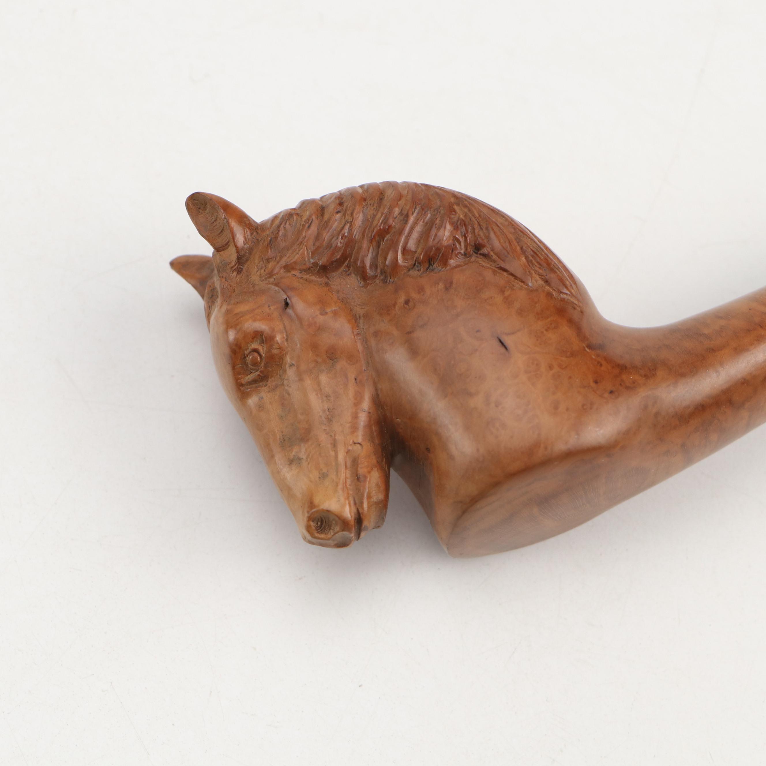 Carved Briar and Burlwood Smoking Pipes Including Figureheads