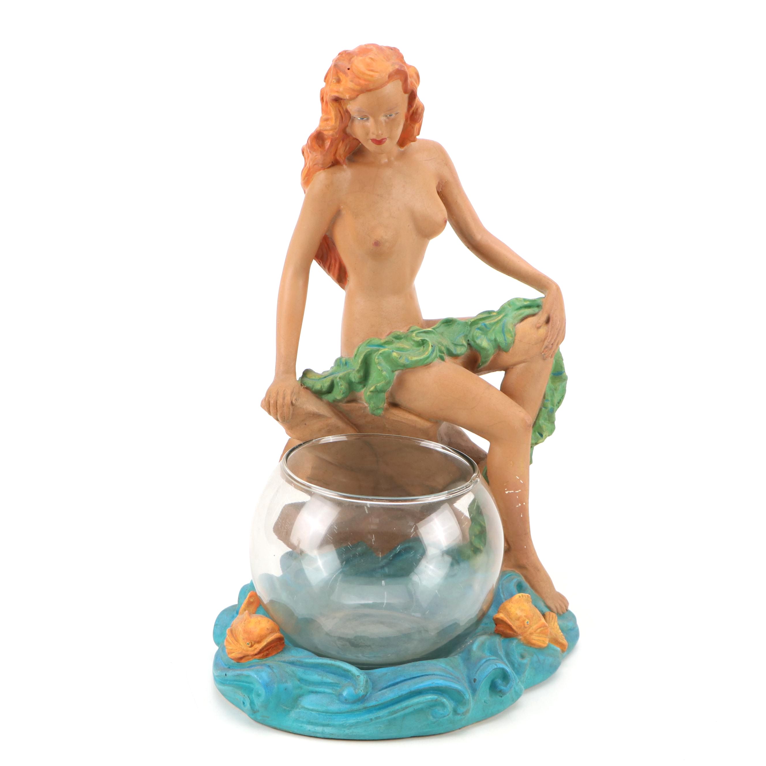 Columbia Statuary Chalkware Seated Nude with Glass Rose Bowl