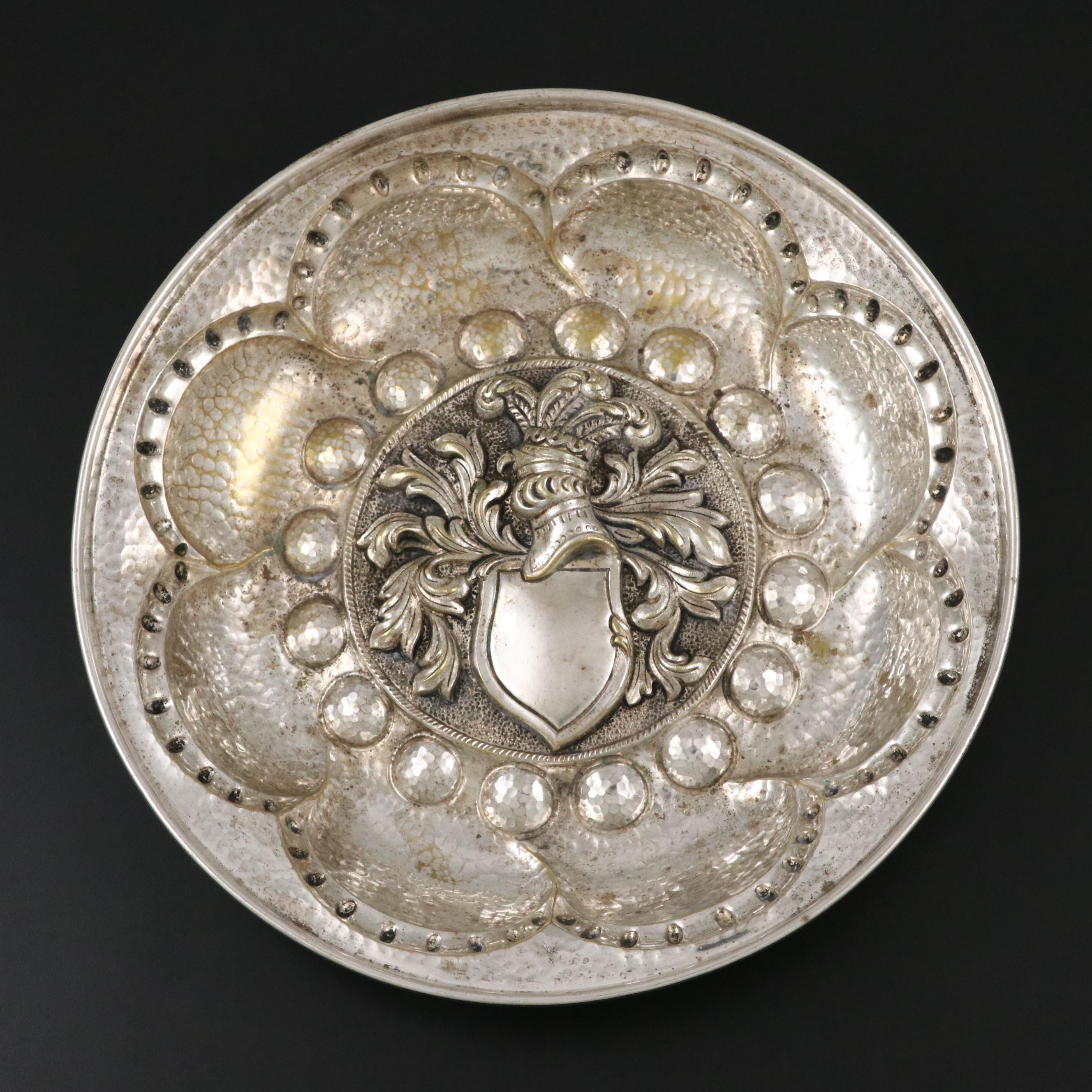 Repoussé Silver Plate Bowl with Knight Helmets Motif