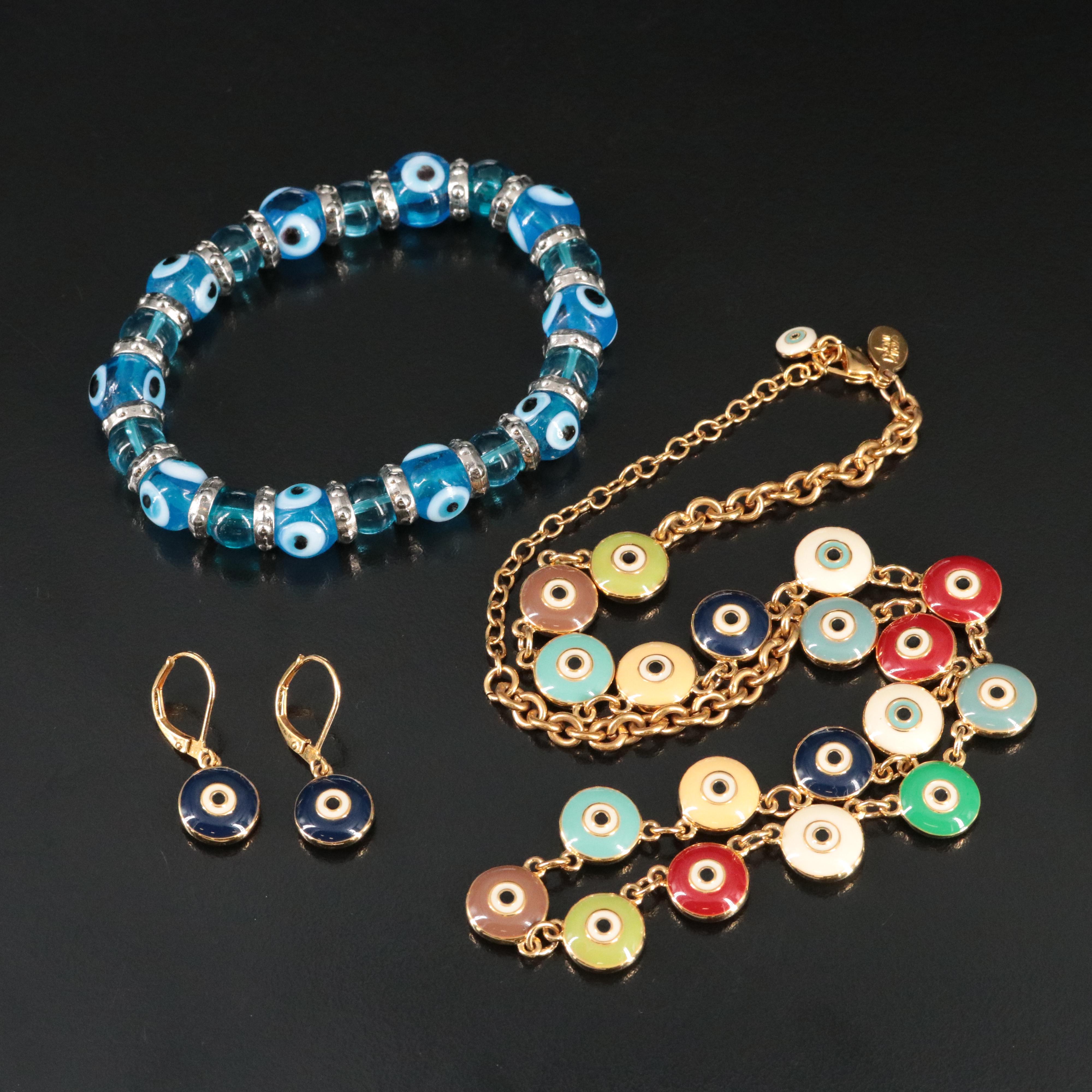 Joan Rivers Enamel Evil Eye Necklace and Earring Set with Glass Bead Braclet