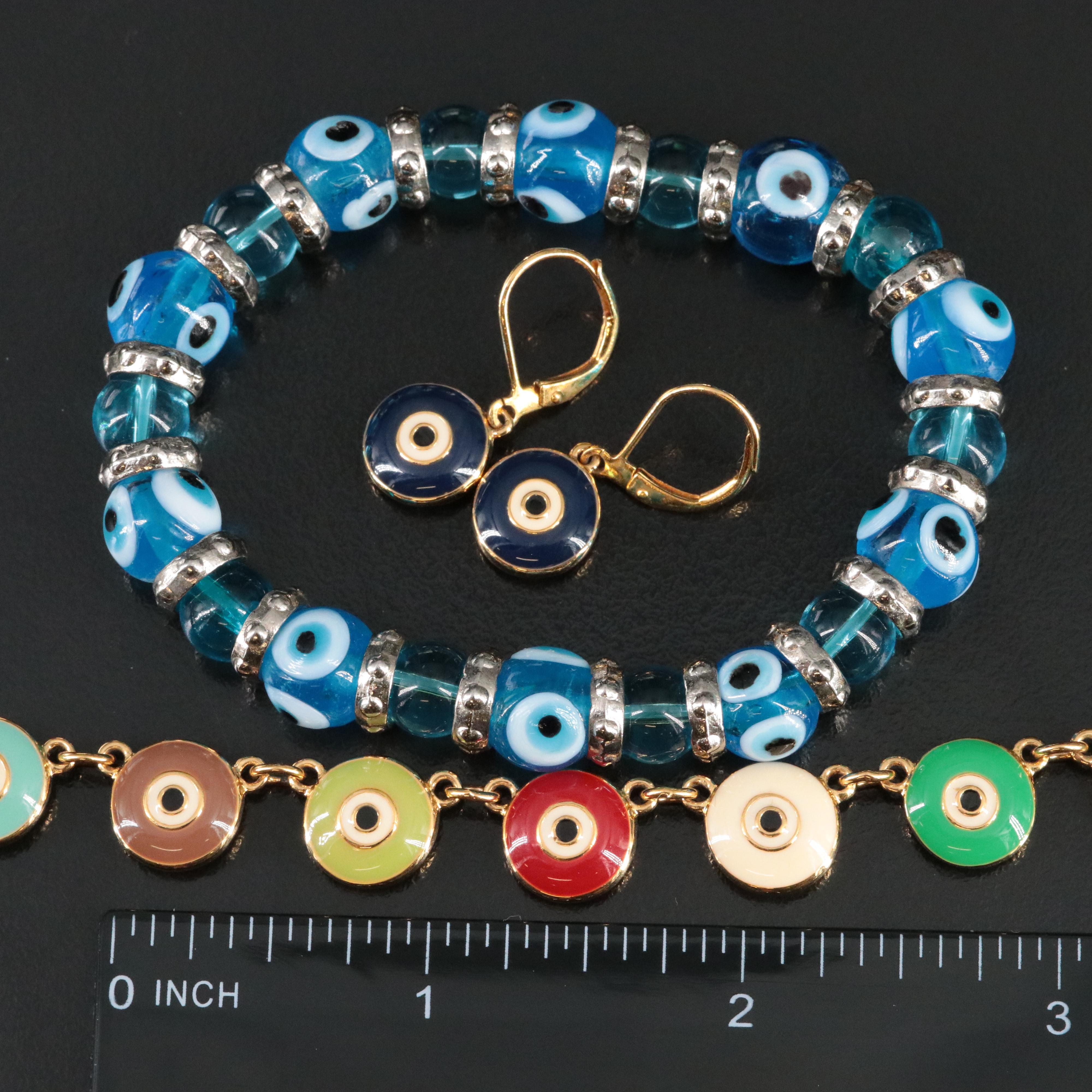 Joan Rivers Enamel Evil Eye Necklace and Earring Set with Glass Bead Braclet