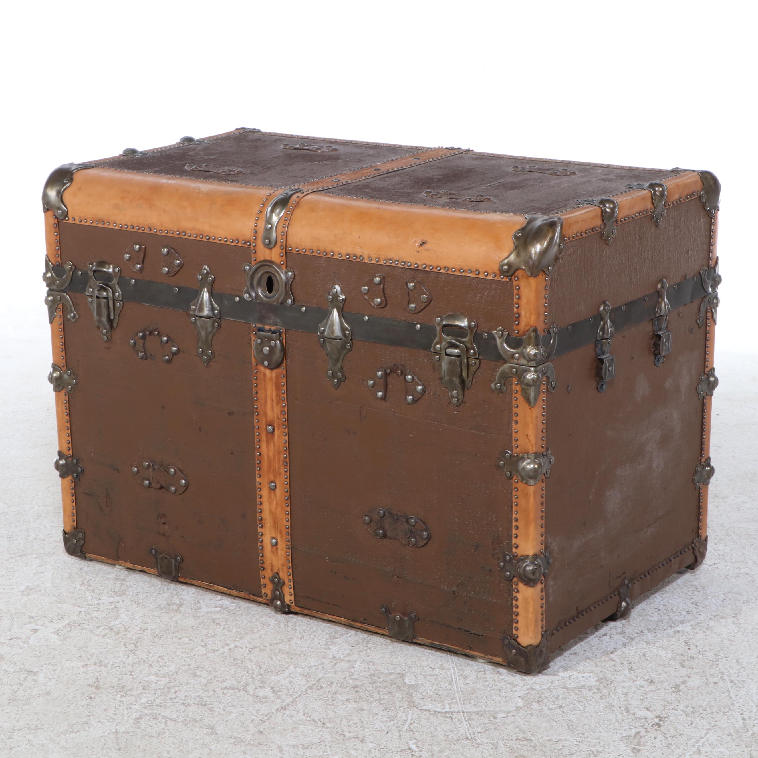 Coated Canvas and Leather Over Wood Studded Steamer Trunk, Early 20th Century
