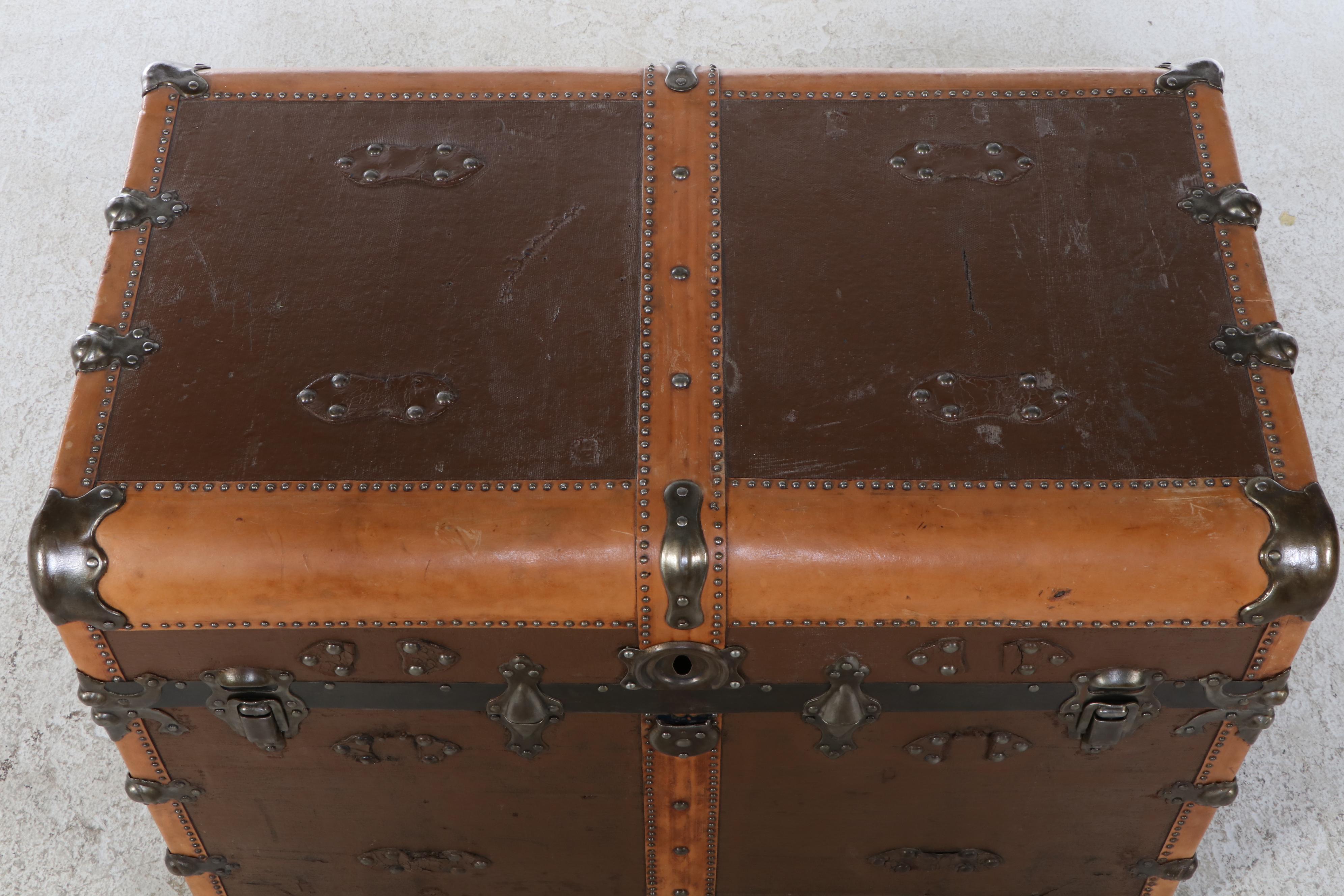Coated Canvas and Leather Over Wood Studded Steamer Trunk, Early 20th Century