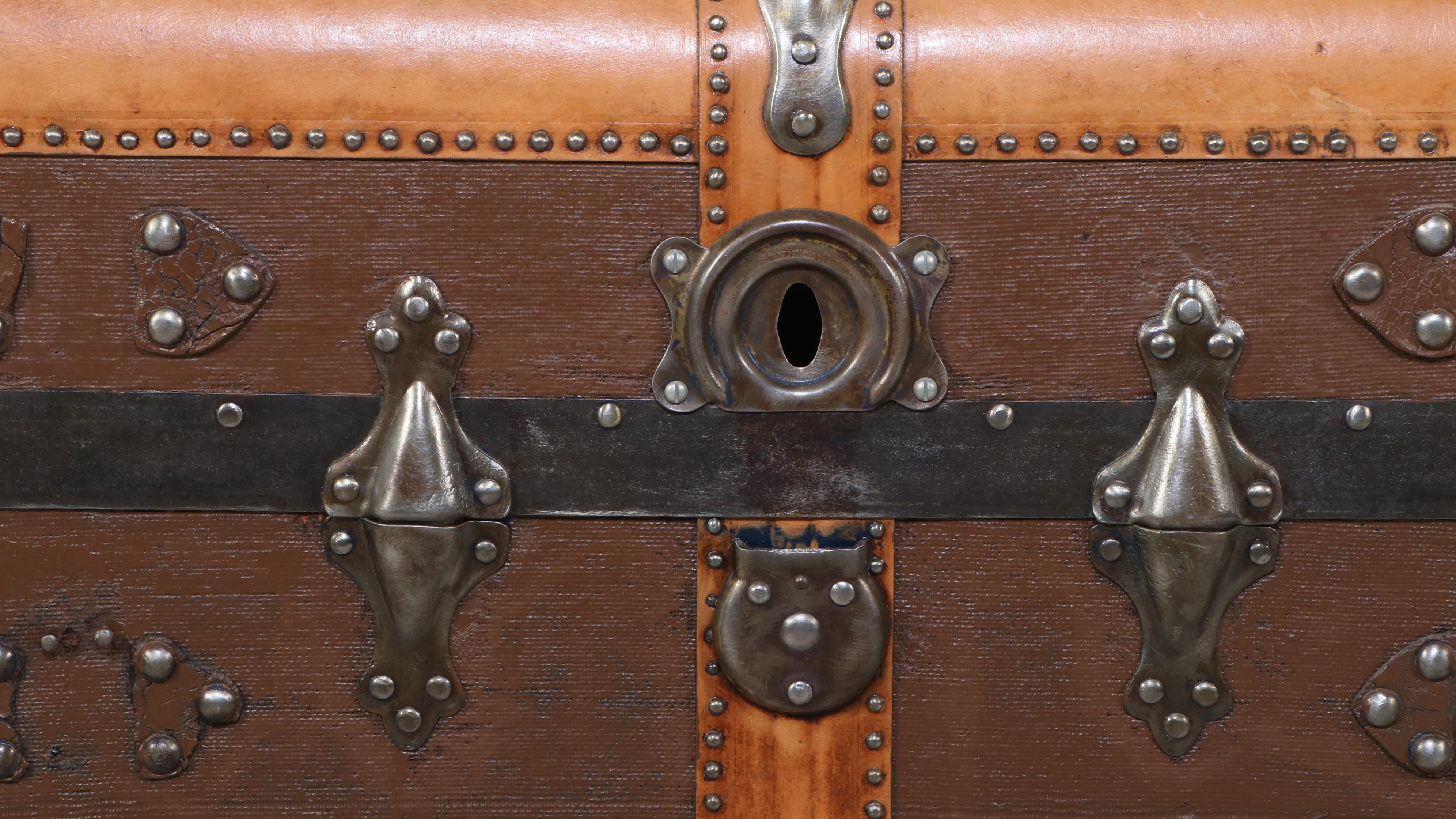 Coated Canvas and Leather Over Wood Studded Steamer Trunk, Early 20th Century