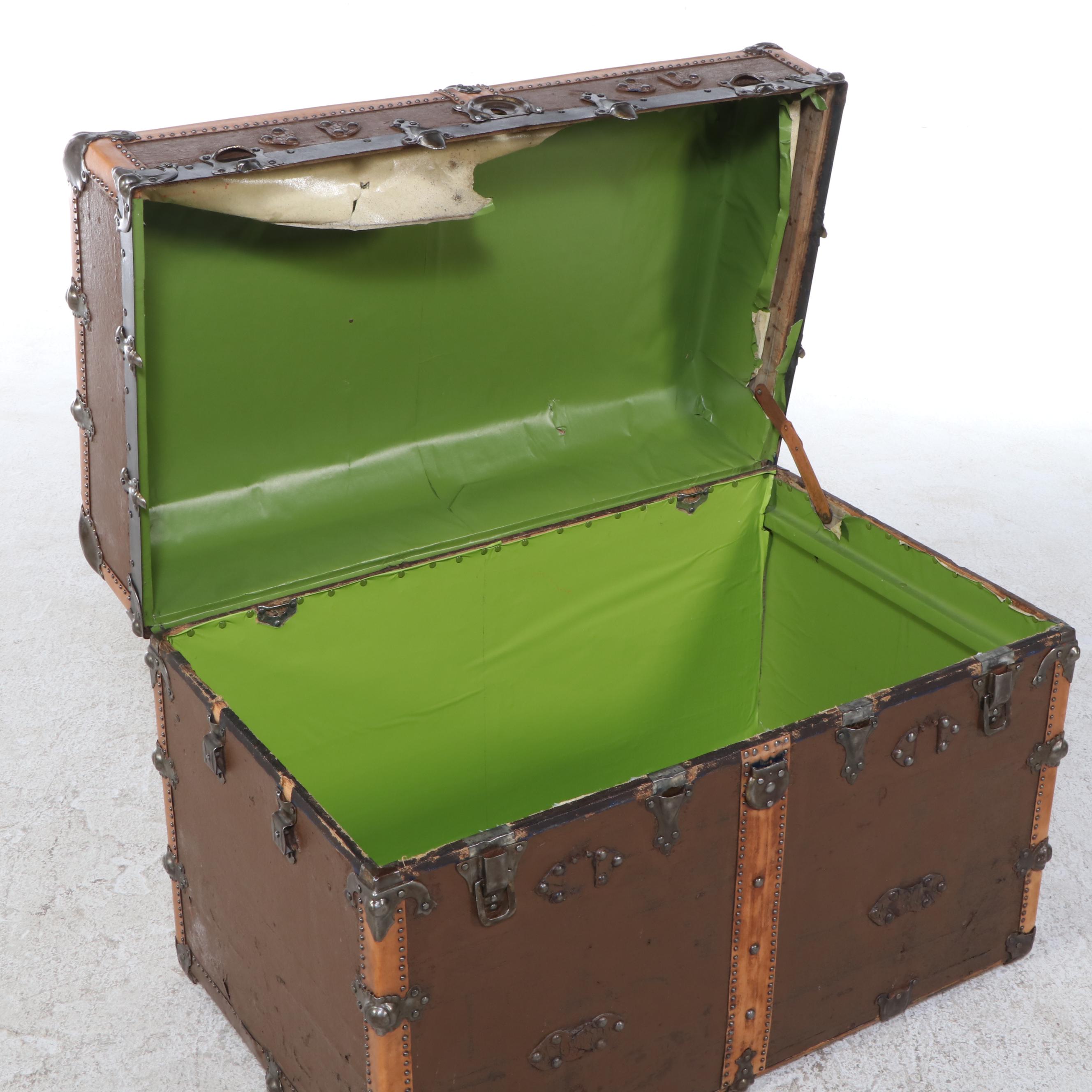 Coated Canvas and Leather Over Wood Studded Steamer Trunk, Early 20th Century