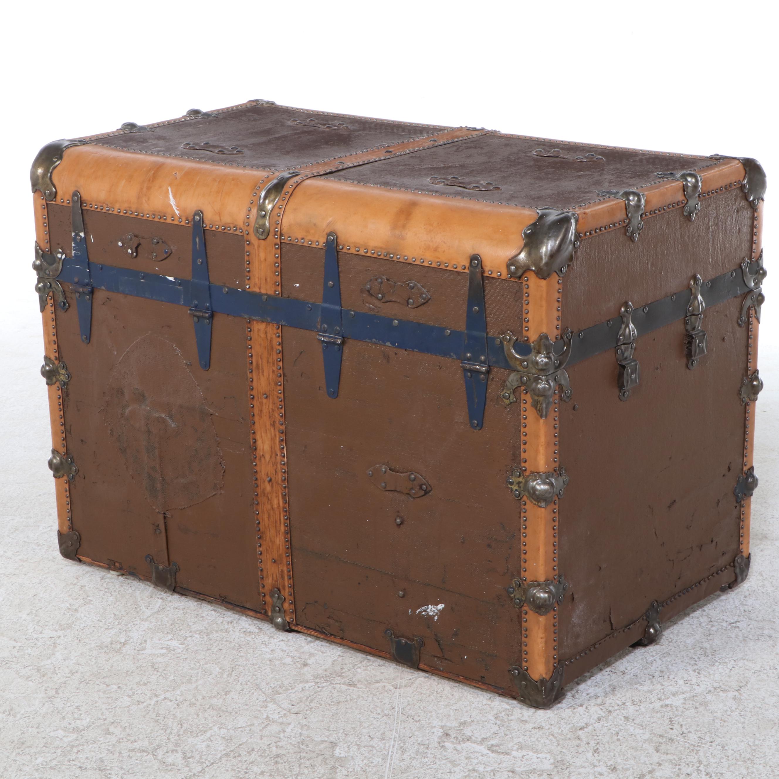 Coated Canvas and Leather Over Wood Studded Steamer Trunk, Early 20th Century