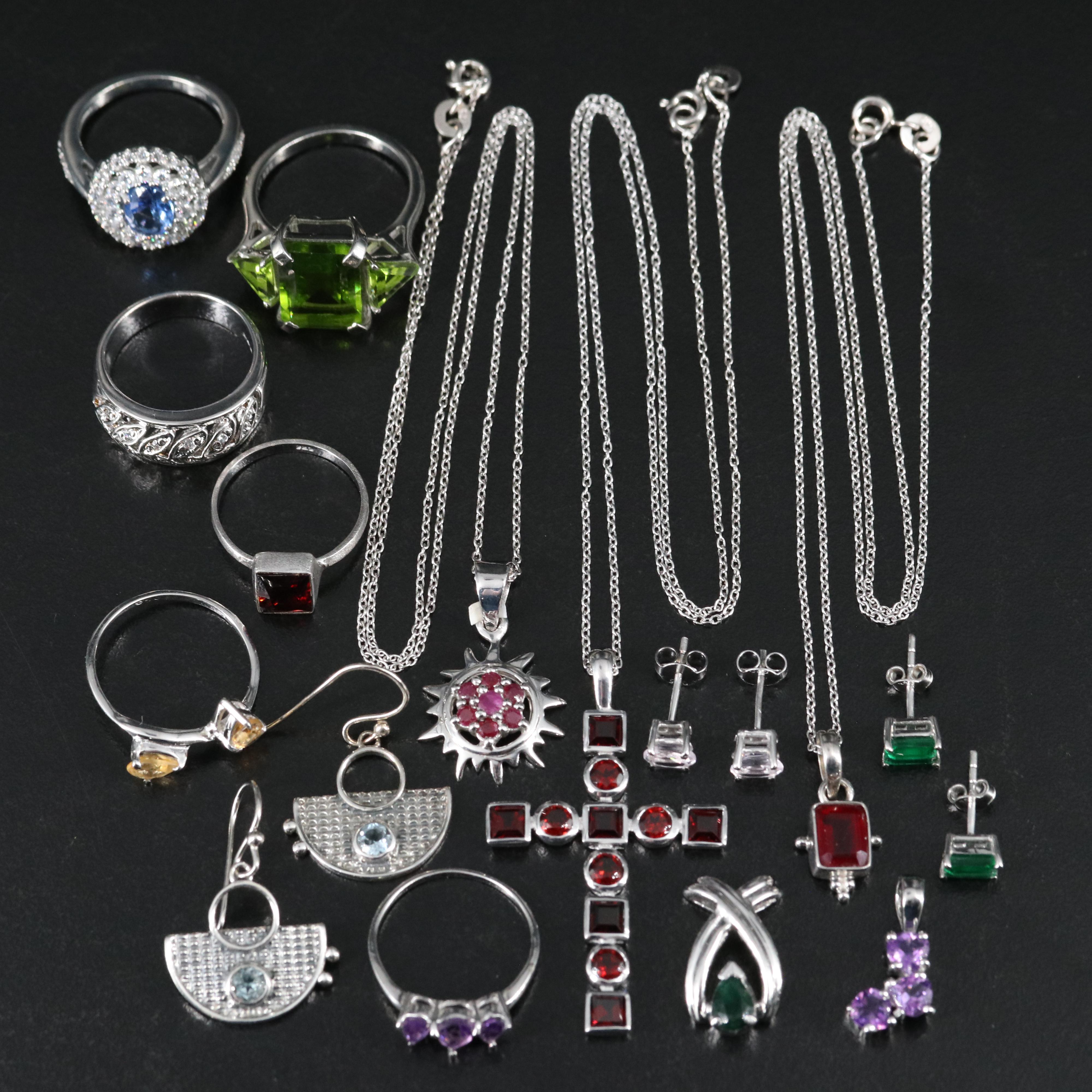 14 Assorted Sterling Silver Rings, Necklaces, Earrings, and Pendants