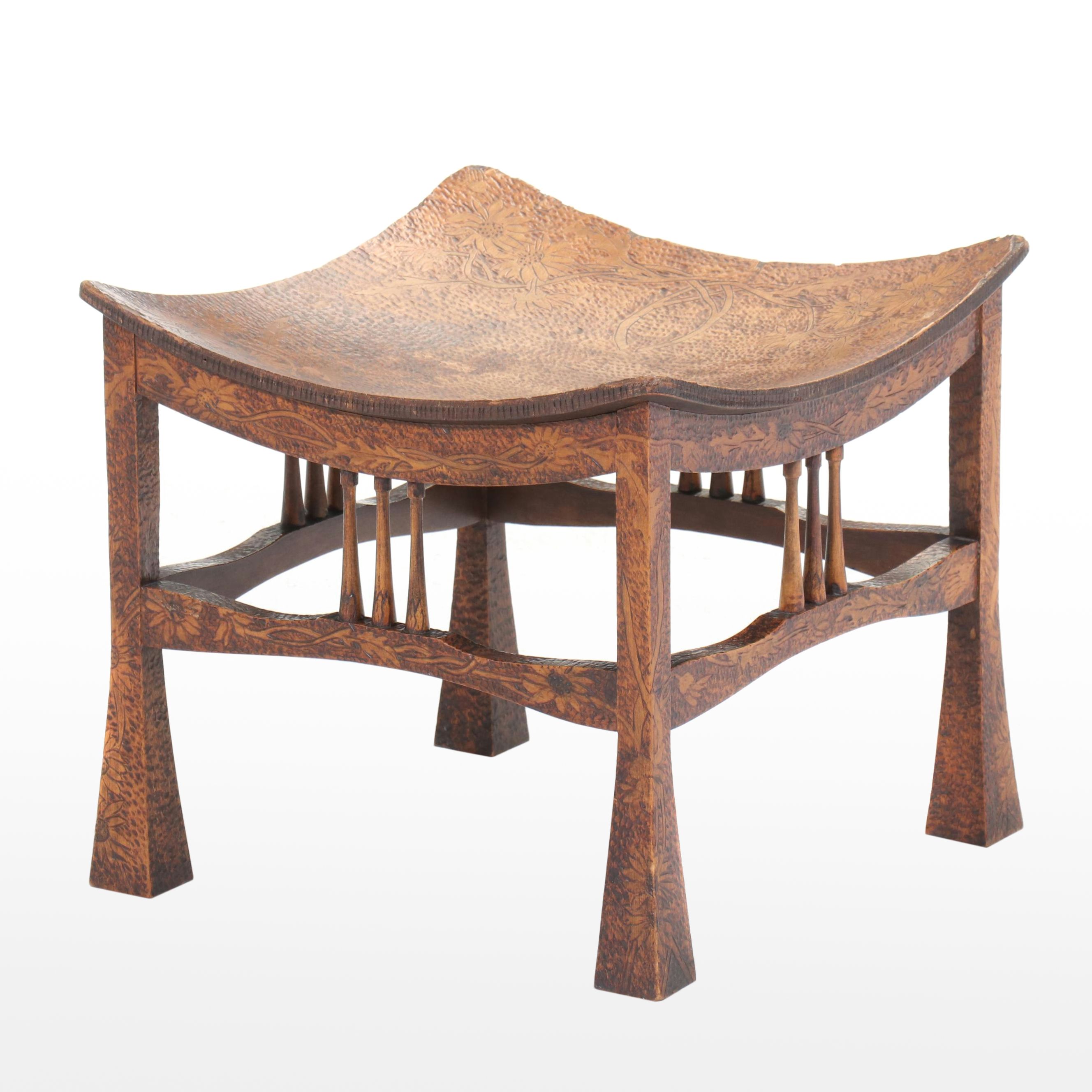 Arts and Crafts Pyrography-Decorated "Thebes" Stool, Early 20th Century