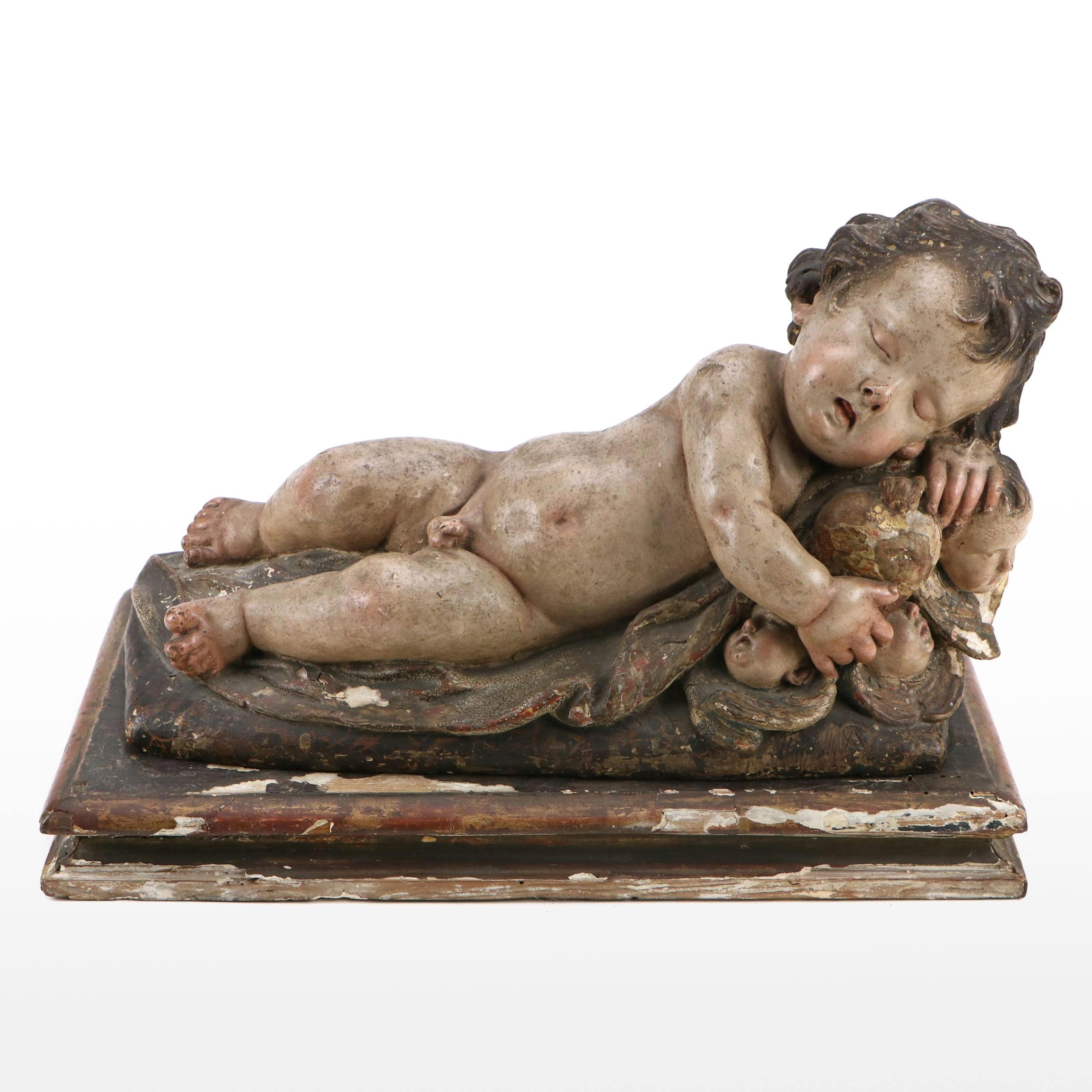 Spanish Baroque Sleeping Baby Jesus Polychromed Wood Sculpture