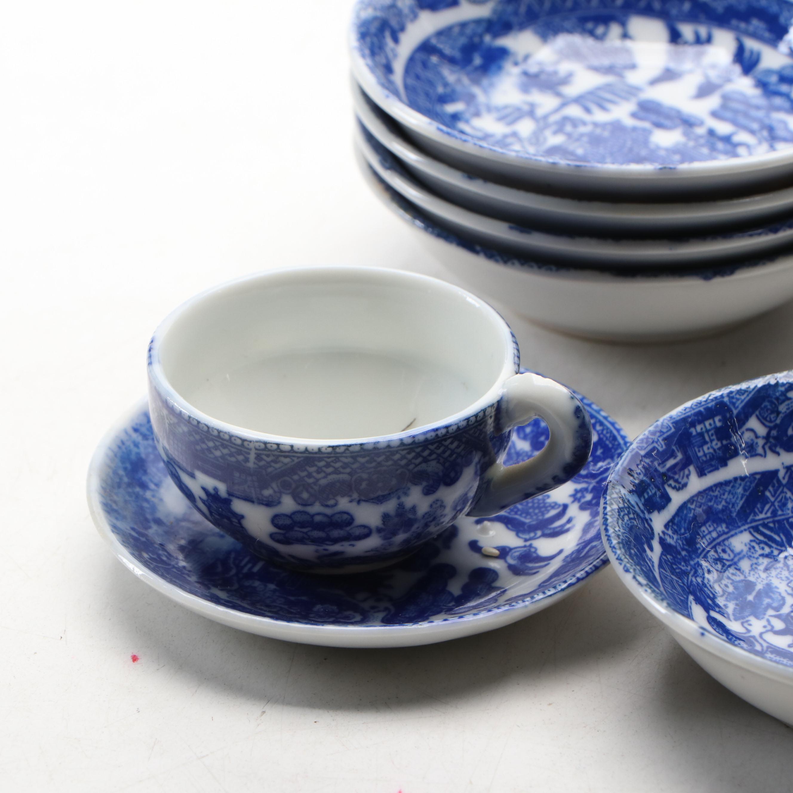 Children's Blue Willow Play Tea Set and Tableware, Mid-20th Century