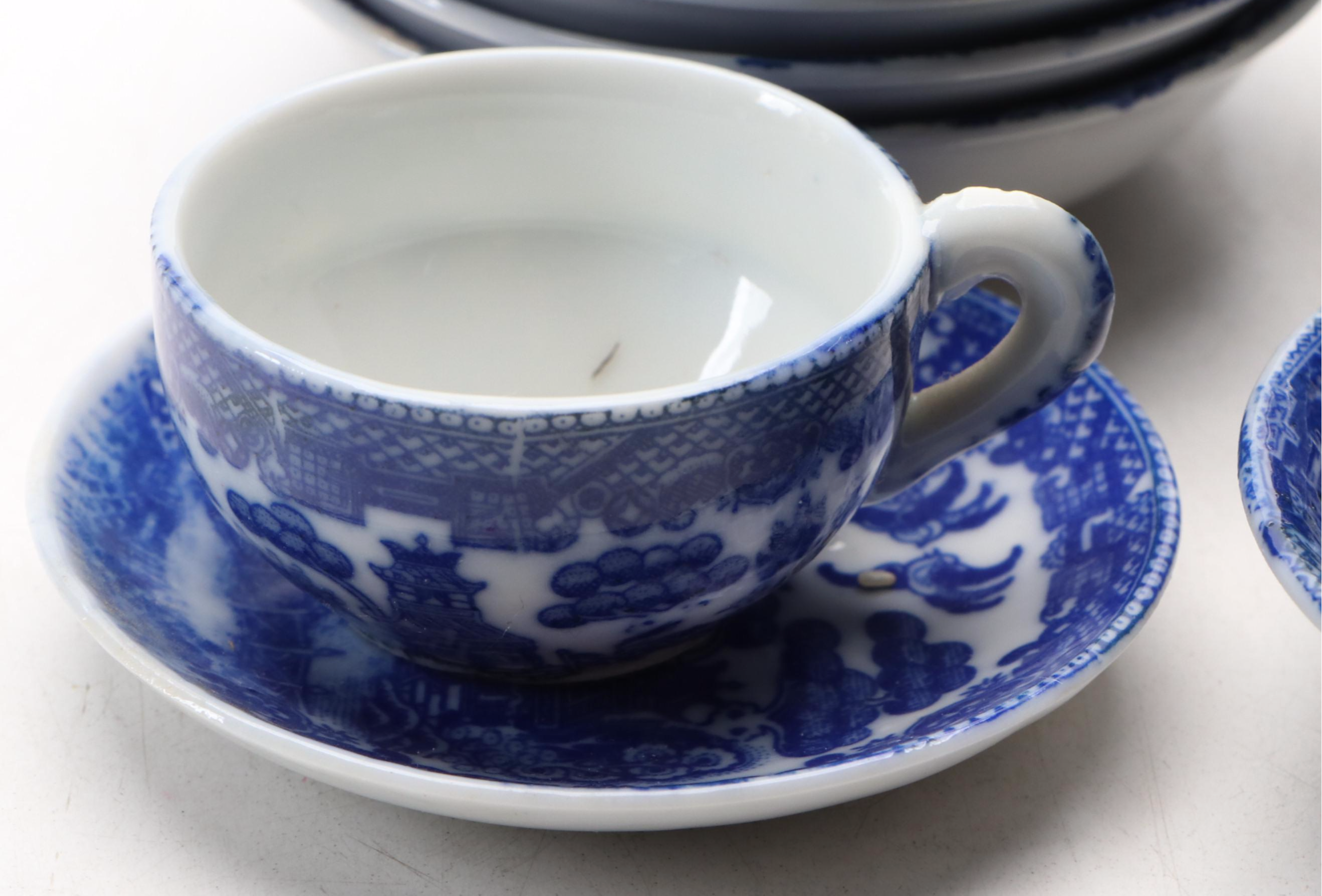 Children's Blue Willow Play Tea Set and Tableware, Mid-20th Century