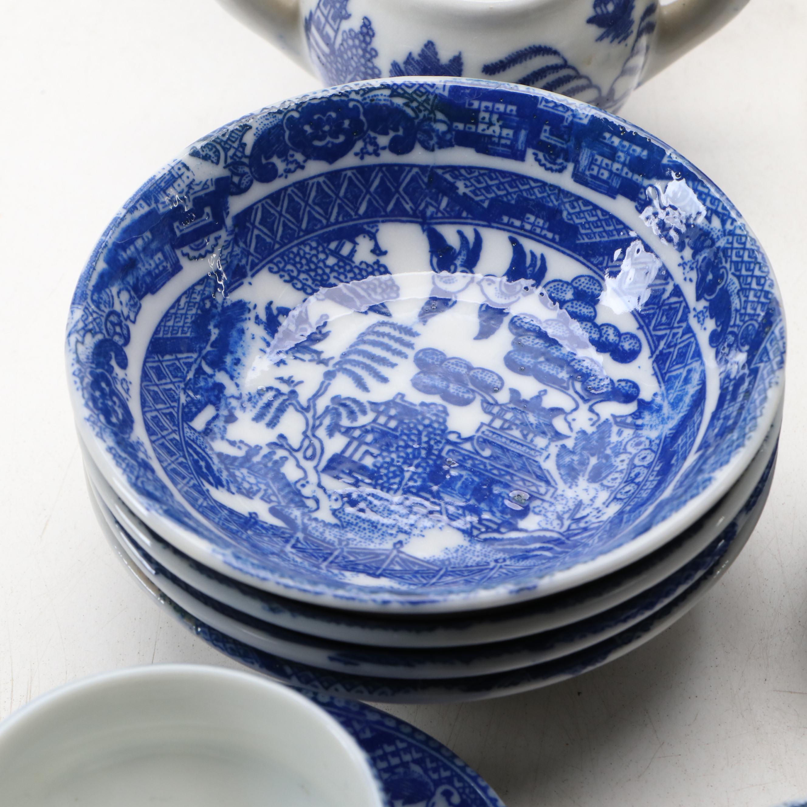 Children's Blue Willow Play Tea Set and Tableware, Mid-20th Century