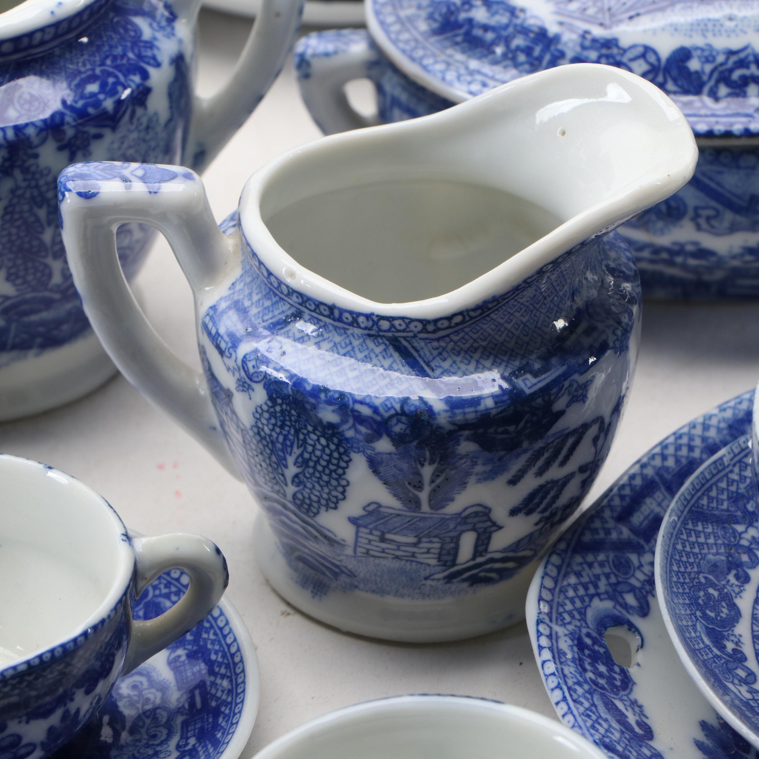 Children's Blue Willow Play Tea Set and Tableware, Mid-20th Century