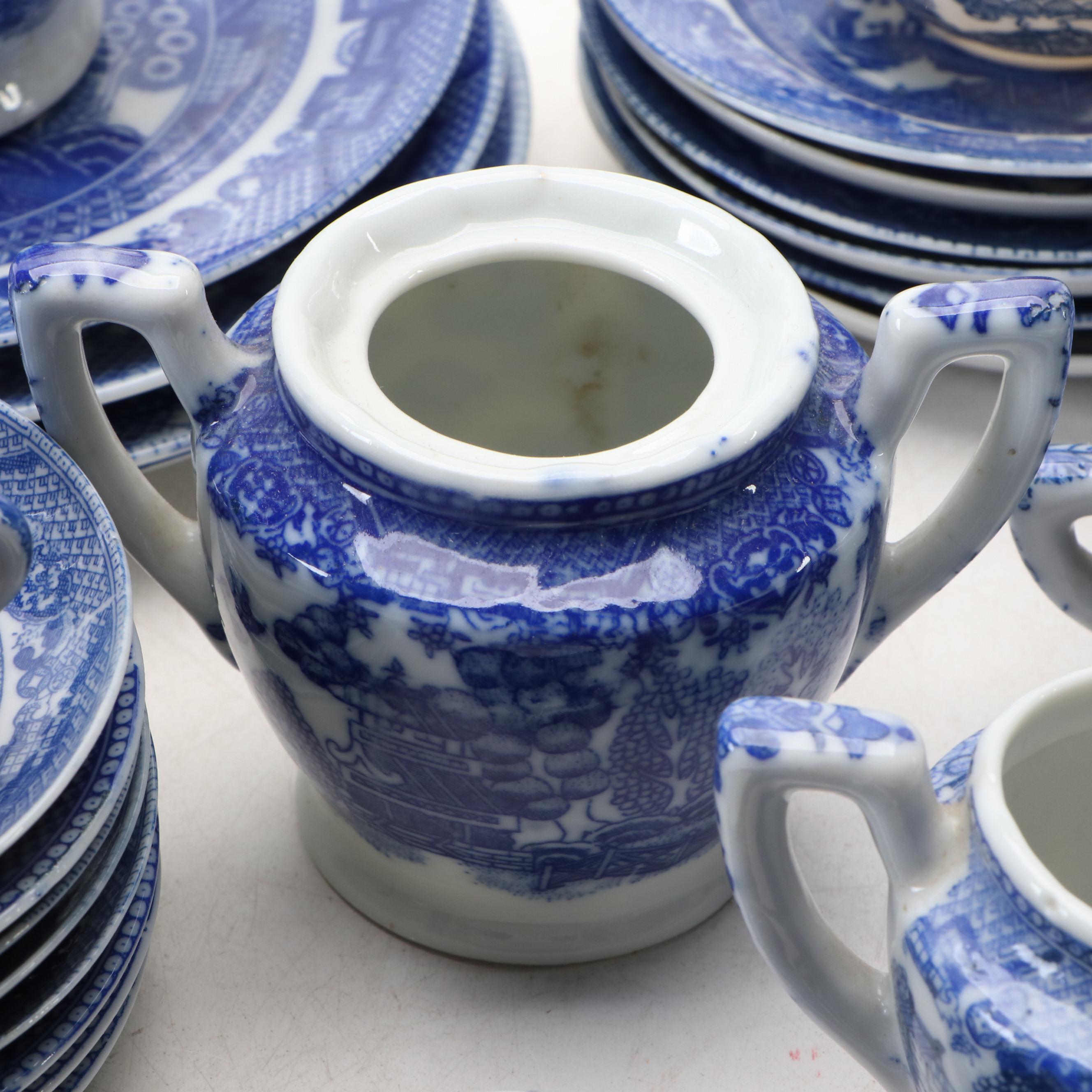 Children's Blue Willow Play Tea Set and Tableware, Mid-20th Century