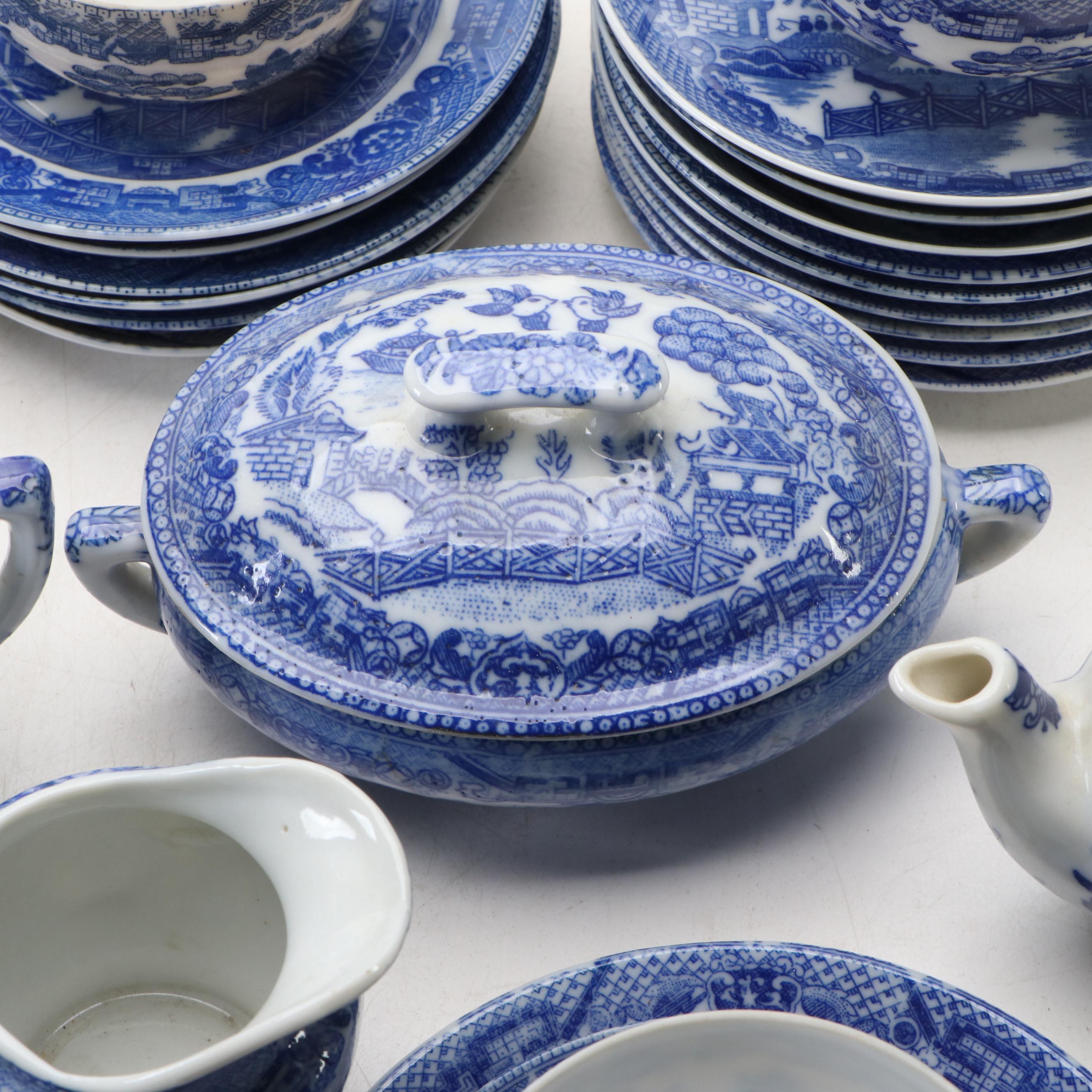 Children's Blue Willow Play Tea Set and Tableware, Mid-20th Century