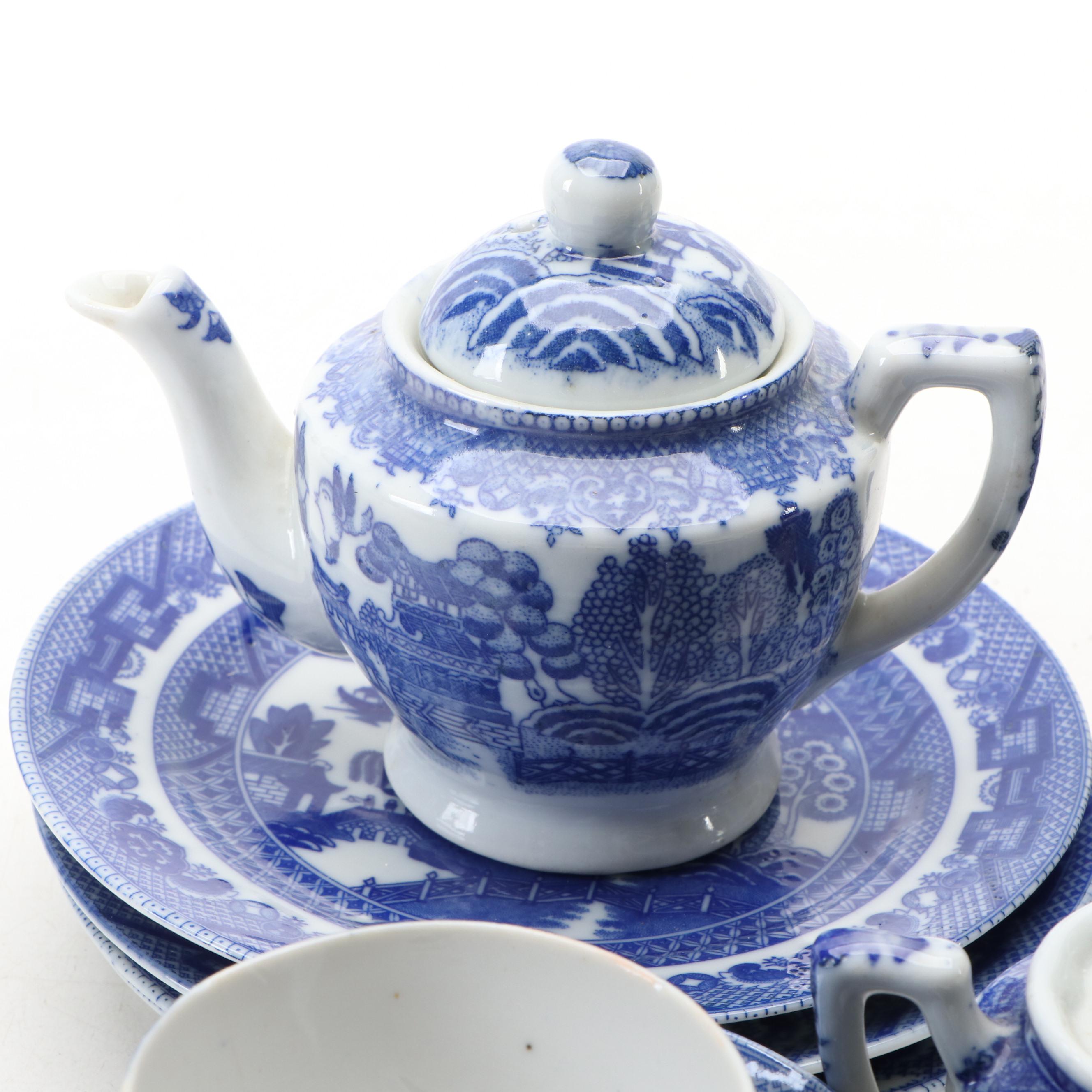 Children's Blue Willow Play Tea Set and Tableware, Mid-20th Century