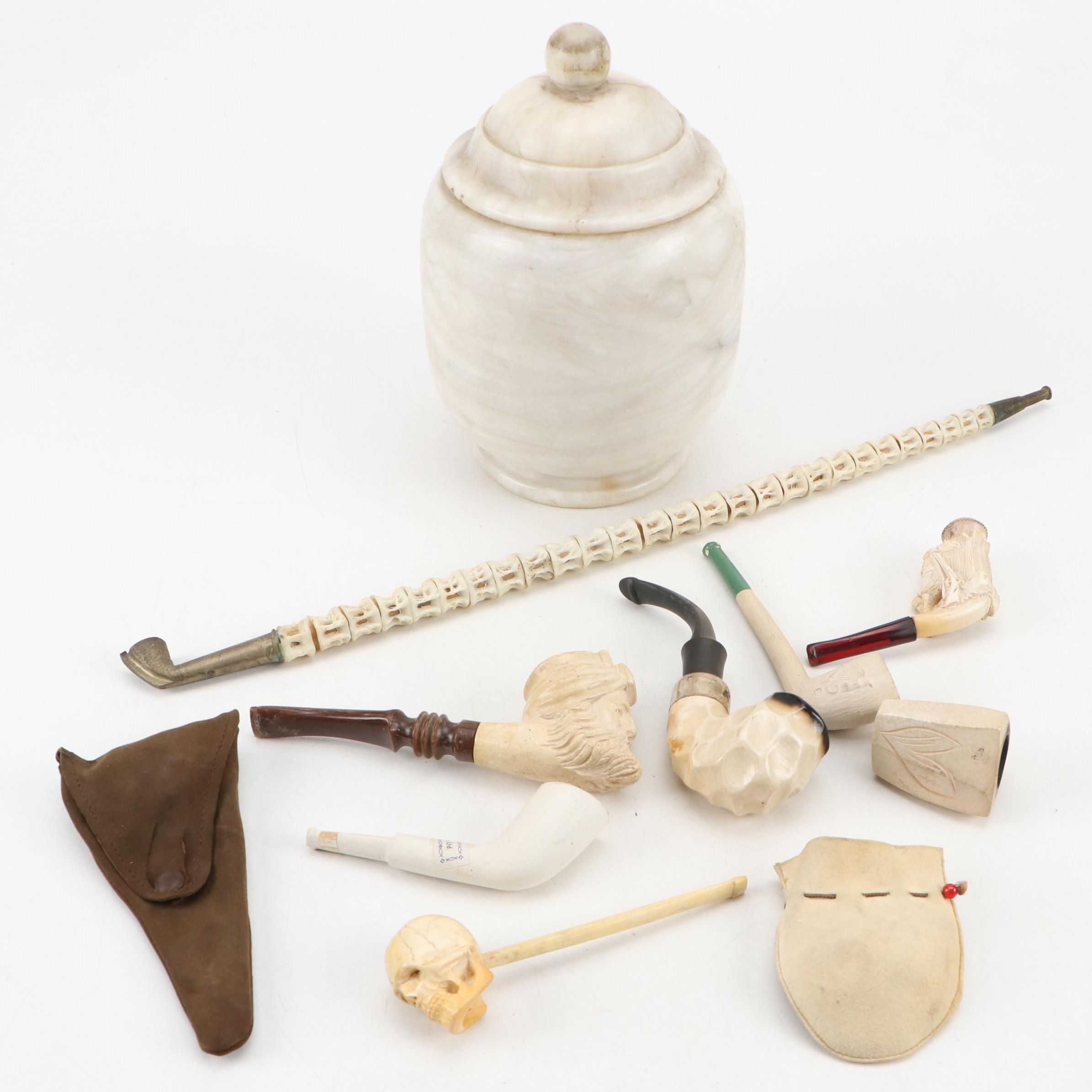 Meerschaum Pipes, Shark Vertebrae Long Pipe, Alabaster Tobacco Jar and More