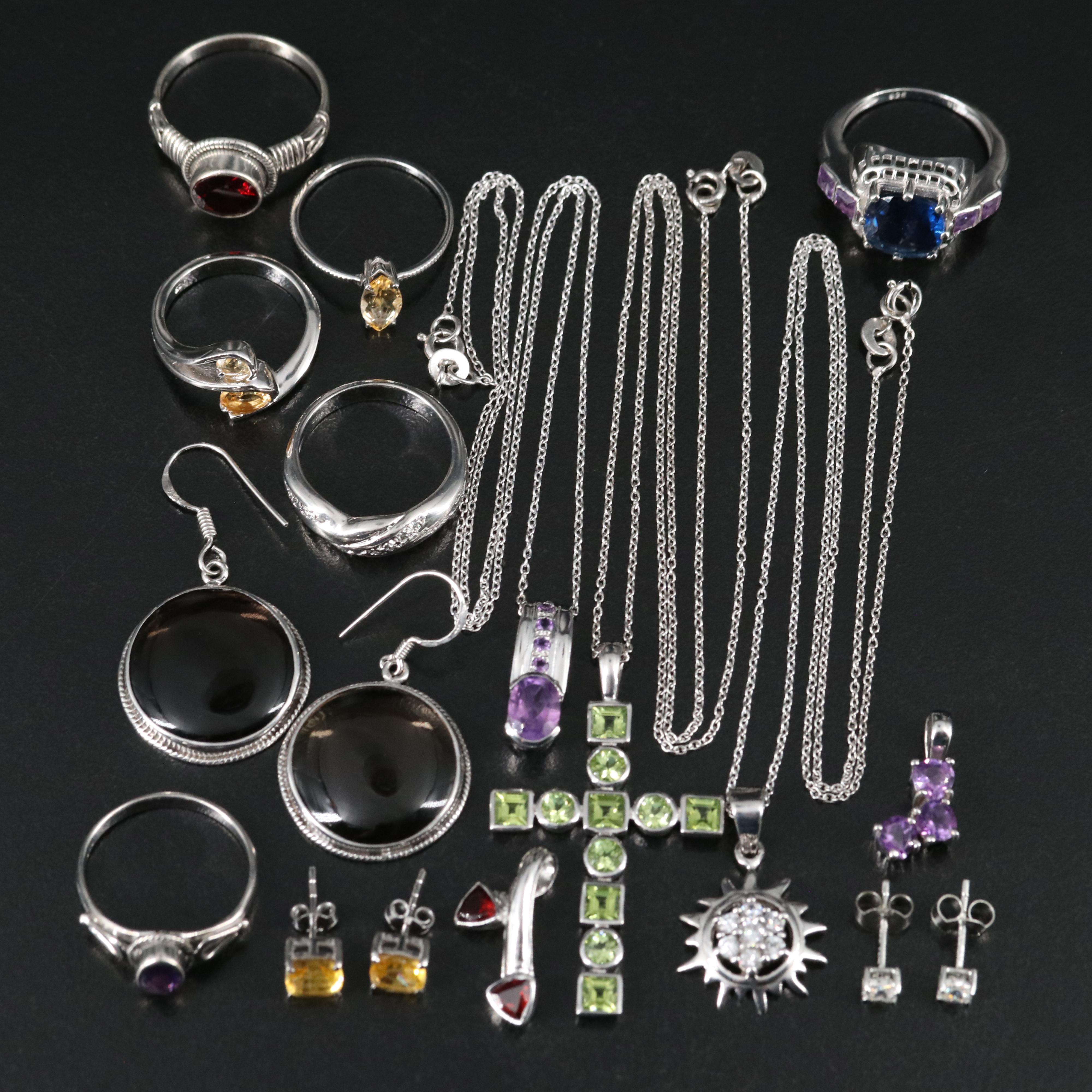 14 Assorted Sterling Silver Rings, Necklaces, Earrings, and Pendants