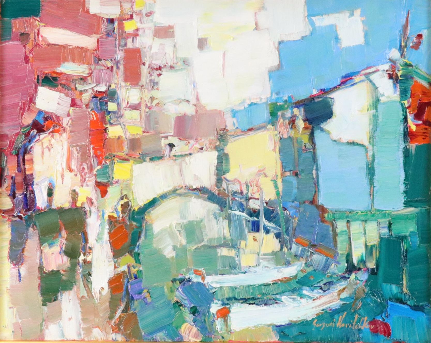 Serguei Novitchkov Stylized Oil Painting "Abstraction of the City on Water"