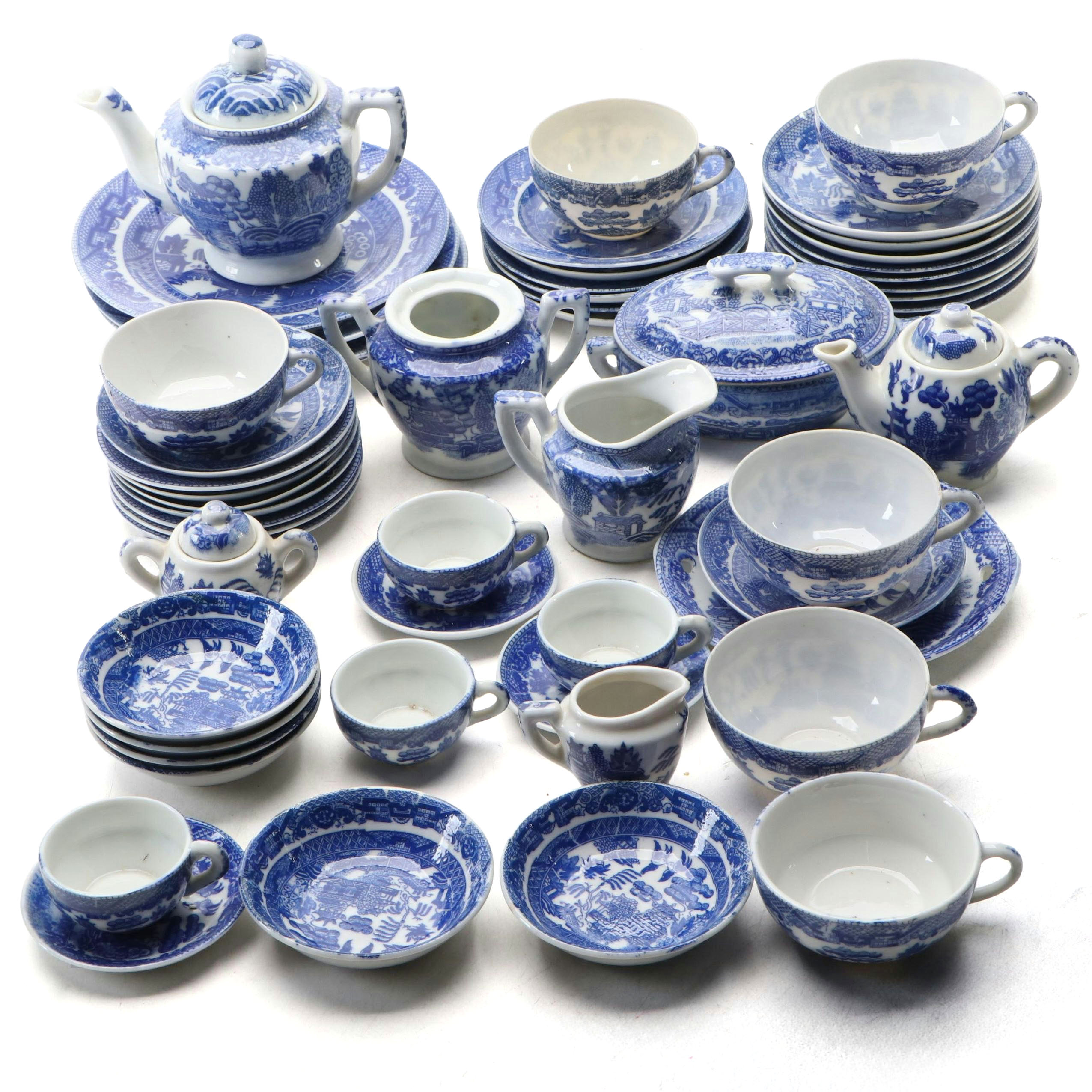 Children's Blue Willow Play Tea Set and Tableware, Mid-20th Century