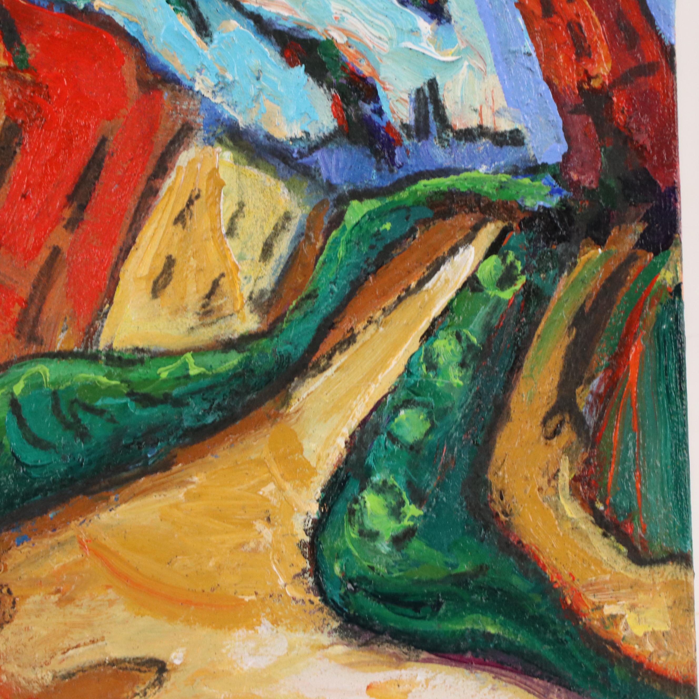 Ann Harrod Stylized Acrylic Painting of Village "Sideways," 21st Century